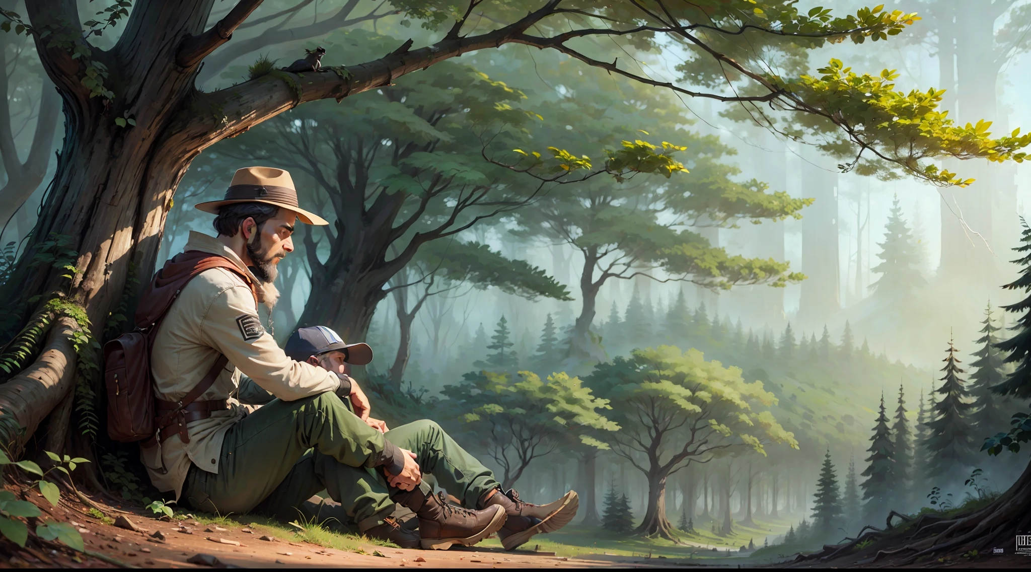 Man sitting in the woods talking to another man --auto --s2