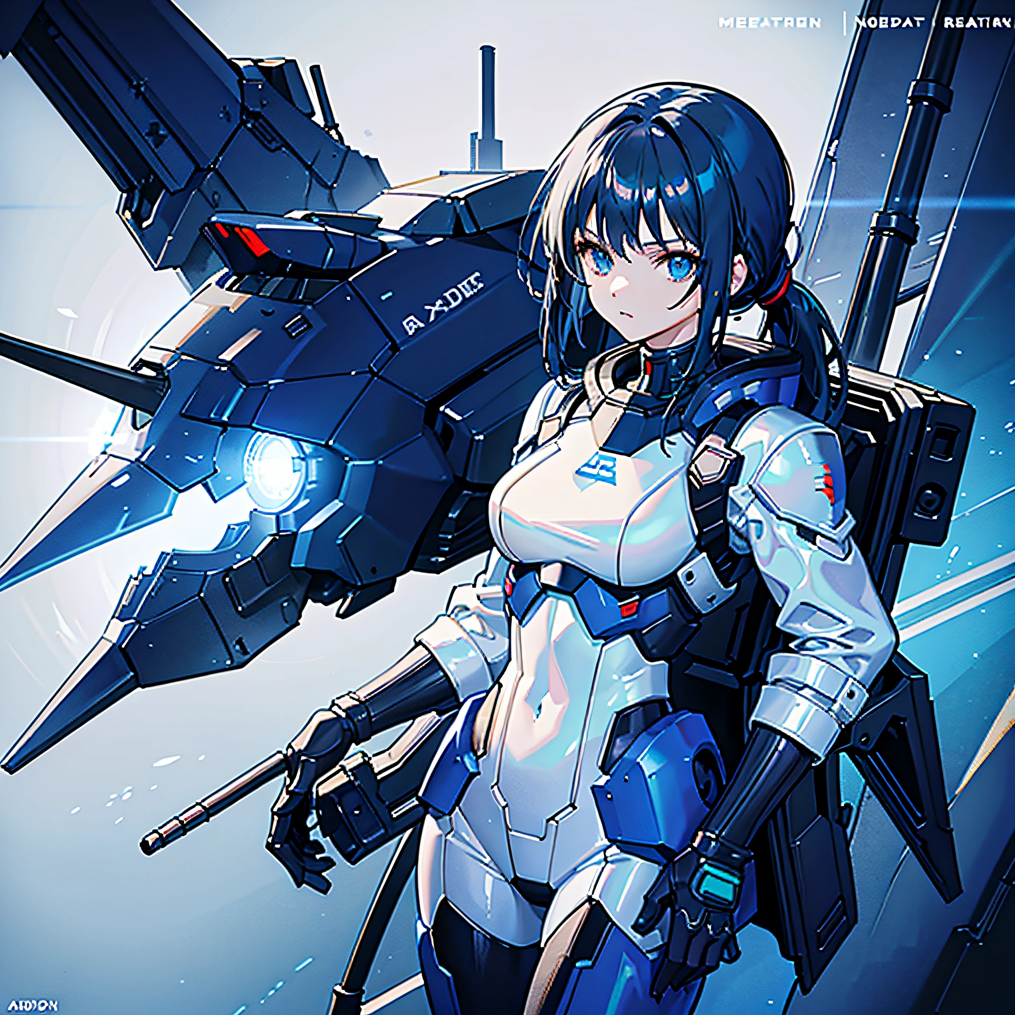 Dark Blue Hair, Masterpiece, Best Quality, One Girl, Medium, ((Album Cover)), Light on Face, Slim Body, White and Blue Costume, Exoskeleton, Metal Gear, Cyberpunk Style, Ponytail, Gundam