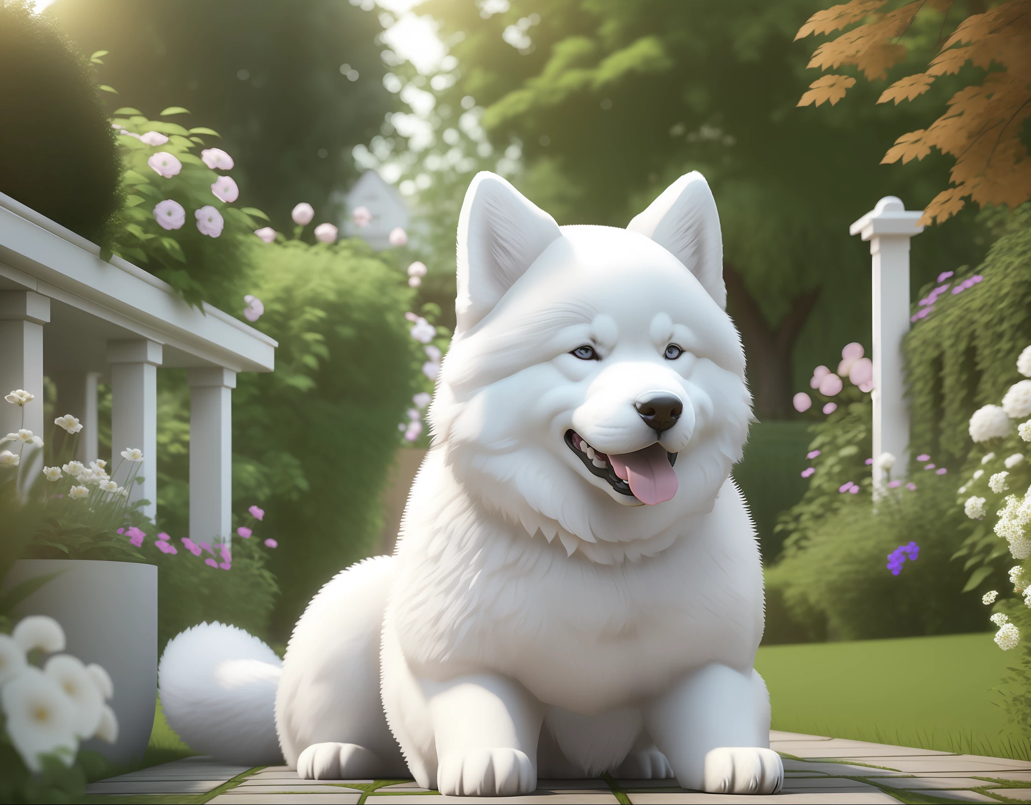 a big and furry white dog akita (((SOLO))), full body, face well-detailed, sharp focus, long tongue, very detailed tail, artstation, 3D art, looking at camera, house garden background, photo realism, best quality, masterpiece, hyper resolution, 4k, 8k, canon 50mm, --S100
