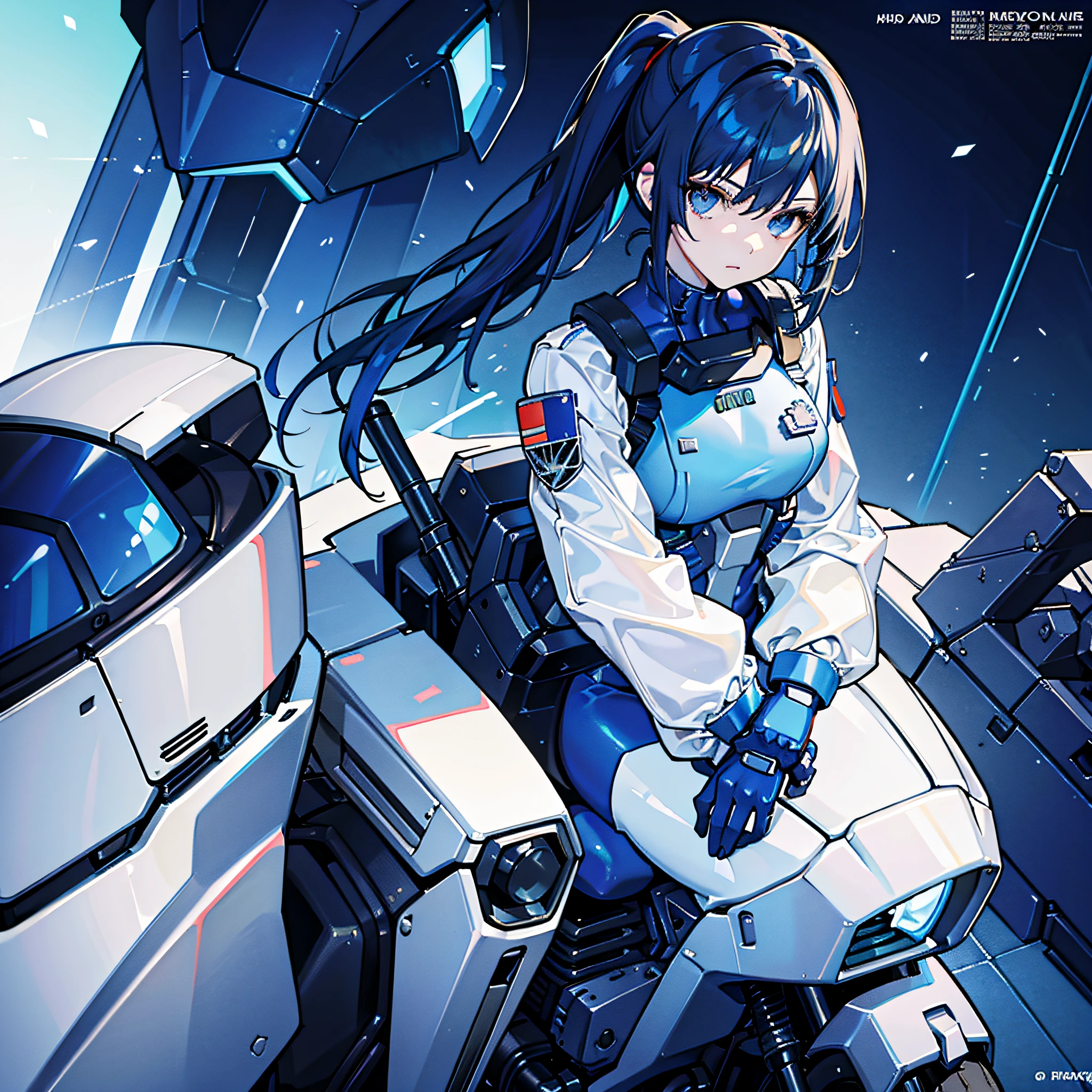 Dark Blue Hair, Masterpiece, Best Quality, One Girl, Medium, ((Album Cover)), Light on Face, Slim Body, White and Blue Costume, Exoskeleton, Metal Gear, Cyberpunk Style, Ponytail, Gundam