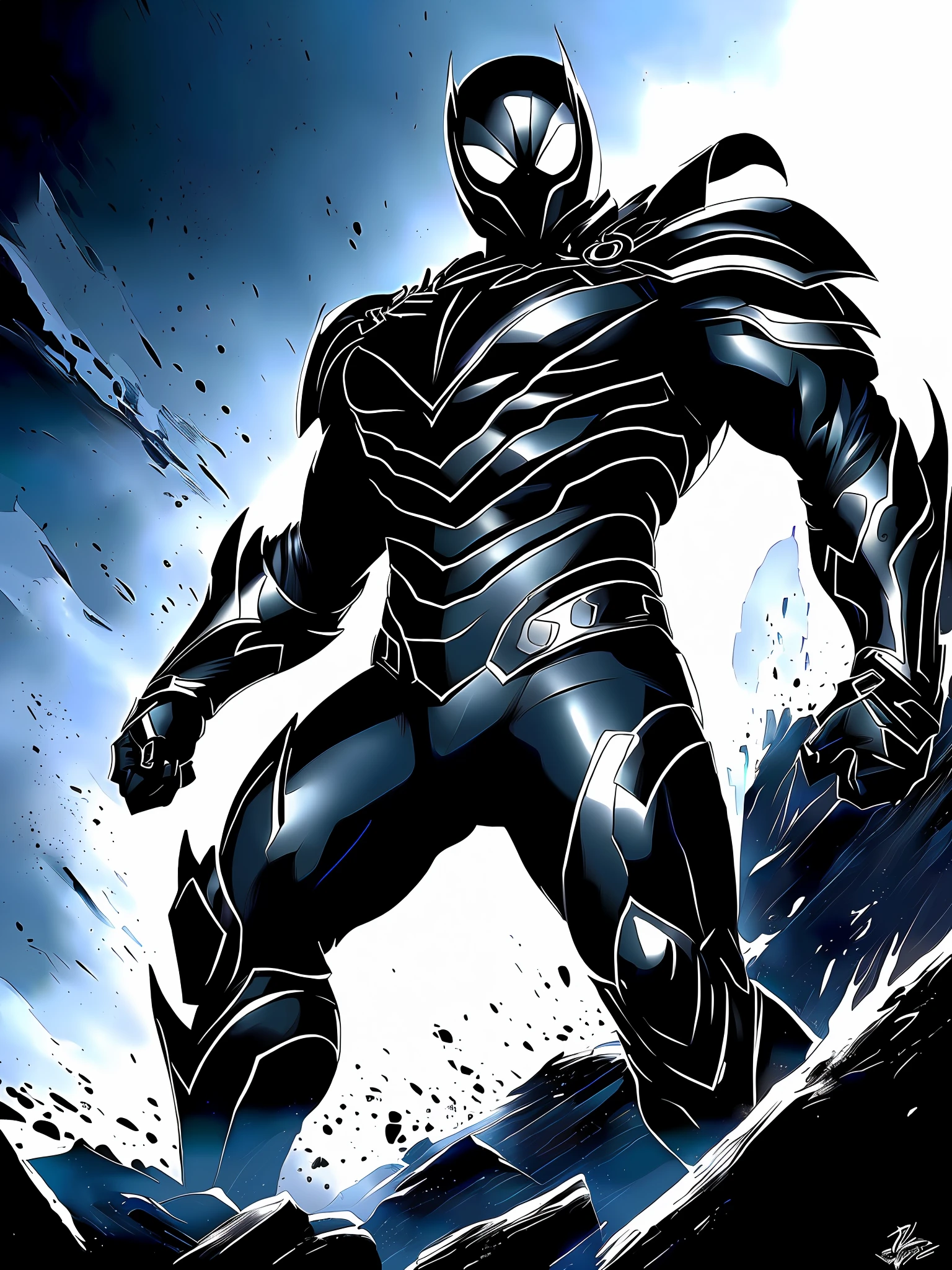 (best quality, masterpiece), create a drawing of a hero with a symbiote armor, dynamic scene, epic background, dramatic lighting, heroic stance, powerful angle.