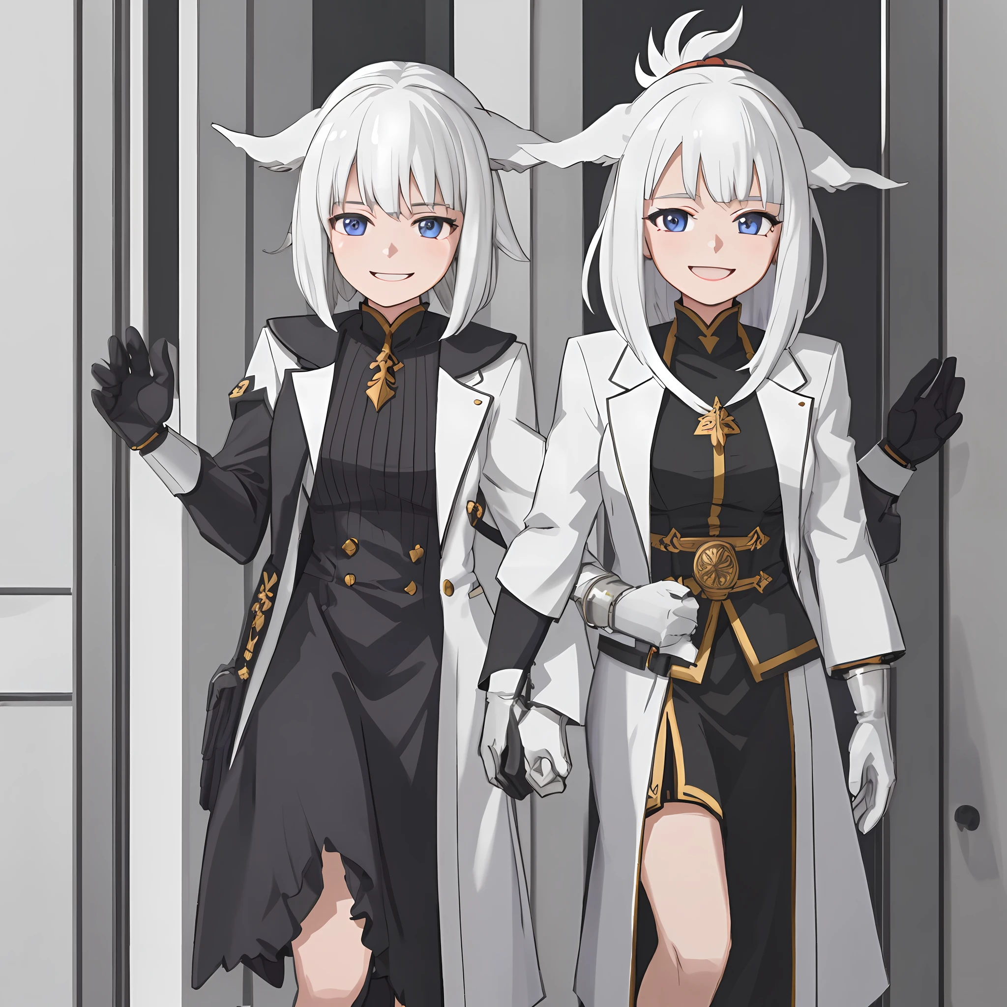Full body, white hair, ((Dragoon: 1.2)), blunt head, masterpiece, best quality, official art, extremely detailed CG unity 8k wallpaper, 1 girl, super high resolution, (realism: 1.4), gold Slot Lighting, Sweater Dress, (Upper Body), ( Sal: 1), (Platinum Short Hair: 0.8), ((Puffy Eyes)), Looking at Viewer, Facing Front, Smiling, Laughing, Medium Breasts, Top, gloves, short hair,