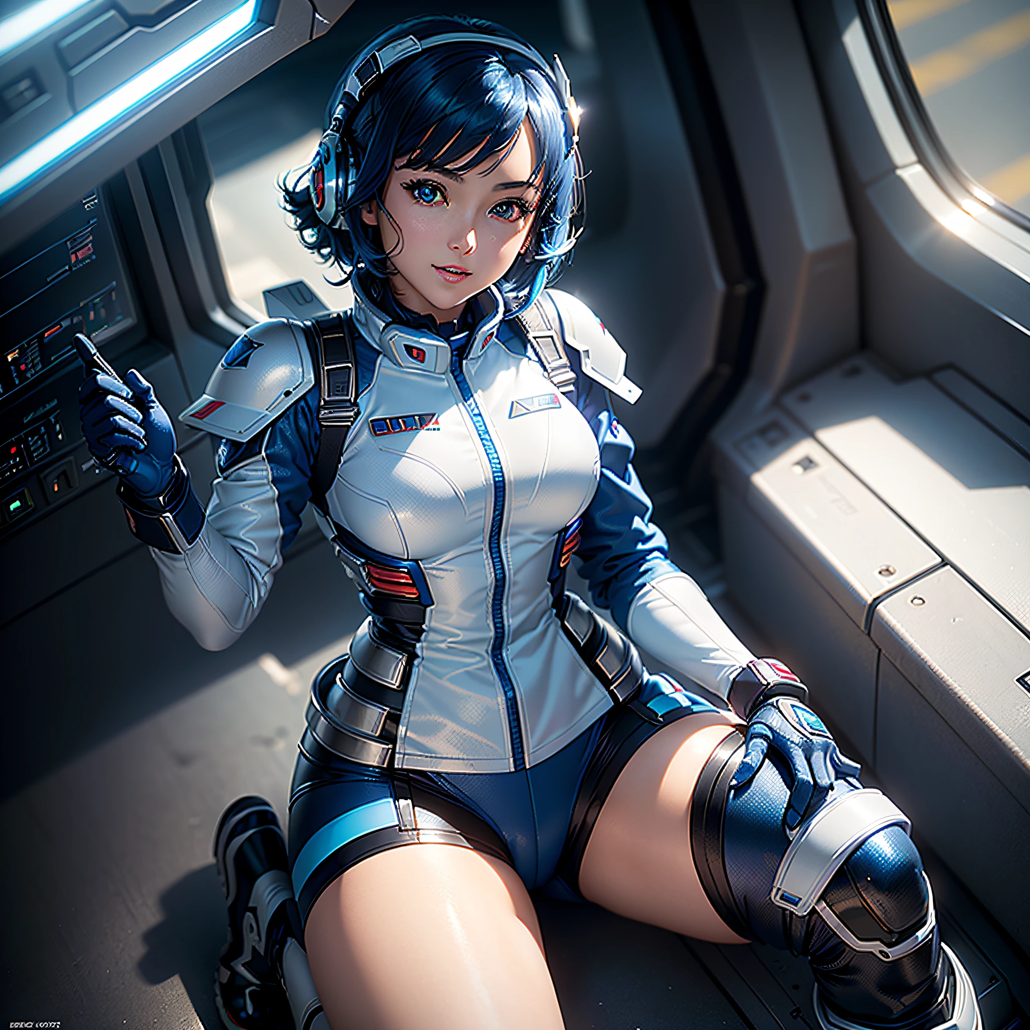 (Masterpiece, Best Quality, Best Resolution, distinct_image, Very Elaborate CG, Cinematic Lighting, Ray Tracing, Drop Shadows, Detailed Detail, (Photorealistic: 1.4), High Quality Textures, Fine-grained, Realistic Face Expression): (Single Girl, Face Japan Person, Blue Haired Girl, Short Cut, Lying, Small Size Breasts, Detailed Gundam cockpit with sparkly blue colored eyes, eye-level shots, metallic white and blue colored flight suits, tight-fitting clothes, full-body covering clothes, light smile, beauty, slim body, exoskeleton, heroine, headset, knee boots, gloves, solo ride)