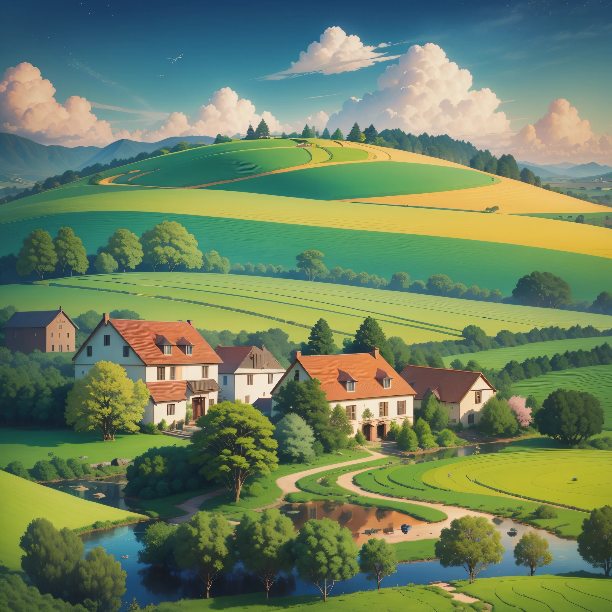 Title: "Harmony of Life in Rural Serenity"

Description:
Immerse yourself in the picturesque beauty of a tranquil village nestled amidst nature's embrace. The sun gently caresses the landscape, casting a warm, golden glow over the scene. In this idyllic setting, each element of the Earth harmoniously converges, creating a perfect balance between the lithosphere, hydrosphere, atmosphere, and biosphere.

In the foreground, capture the rich tapestry of the lithosphere. Include rolling hills and fields adorned with vibrant greenery, displaying the fertile soil that sustains life. Show the village homes blending seamlessly with nature, their earthen tones reflecting the connection between human habitation and the land.

Next, focus on the hydrosphere, an integral part of the rural landscape. Depict a gentle stream meandering through the village, its crystal-clear waters reflecting the surrounding beauty. Showcase the diversity of life found within the water, such as fish swimming gracefully and dragonflies hovering above. Let the stream symbolize the life-giving force that nourishes the community and supports the local ecosystem.

Moving upward, capture the essence of the atmosphere. Paint a serene sky with wispy clouds floating lazily, conveying a sense of peace and tranquility. Allow the hues of blue and hints of pink and orange to create a breathtaking backdrop, illuminating the harmony between earth and sky. Birds soaring high above represent the boundless freedom and the interconnectedness between the terrestrial and aerial realms.

Finally, highlight the vibrant biosphere that thrives in this rural haven. Fill the landscape with blooming flowers, swaying trees, and lush vegetation. Include farm animals grazing peacefully in the fields, showcasing the close relationship between humans and nature. Let the colors and textures evoke a sense of vitality, capturing the diverse array of life forms coexisting in harmony.

Through your artwork, celebrate the beauty of your