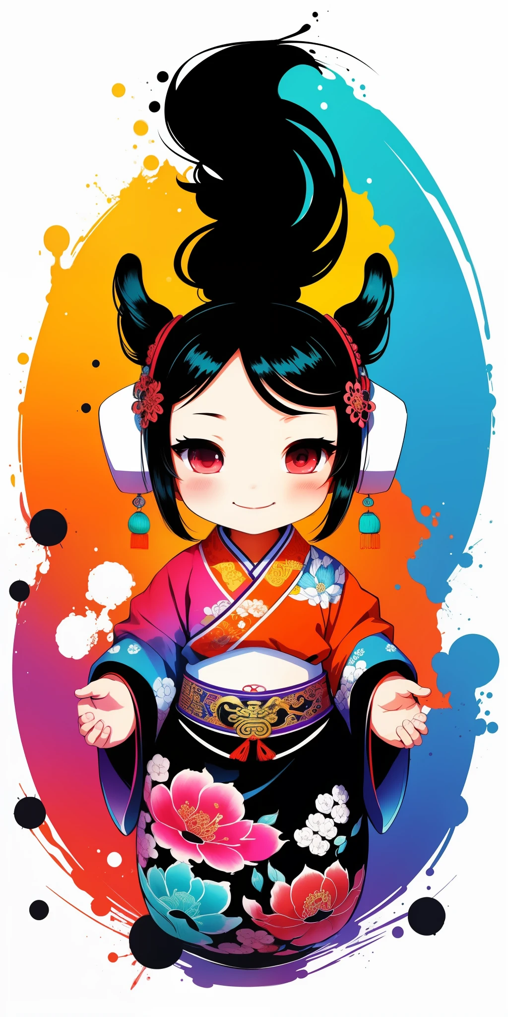 (masterpiece, best quality: 1.2), shukizuma, negative space, shuimobysim, ink painting, colorful colors, traditional Chinese, decoration, (smile), looking at the viewer, saturation, bright colors, neon