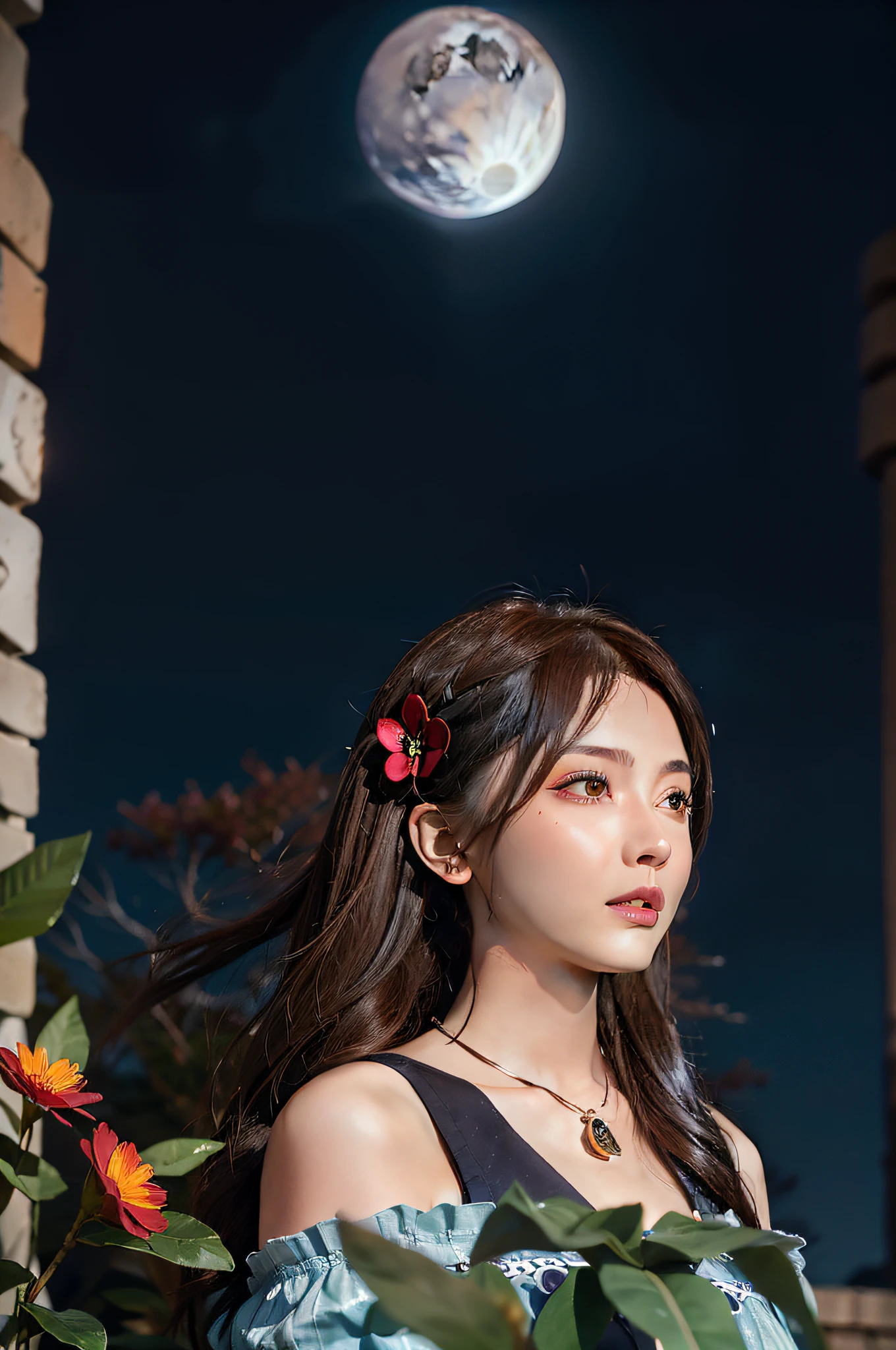 1girl, blurry, blurry_background, brown_eyes, brown_hair, depth_of_field, earrings, flower, full_moon, hair_flower, hair_ornament, lips, looking_at_viewer, moon, moonlight, night, night_sky, outdoors, red_flower, red_moon, sky, solo