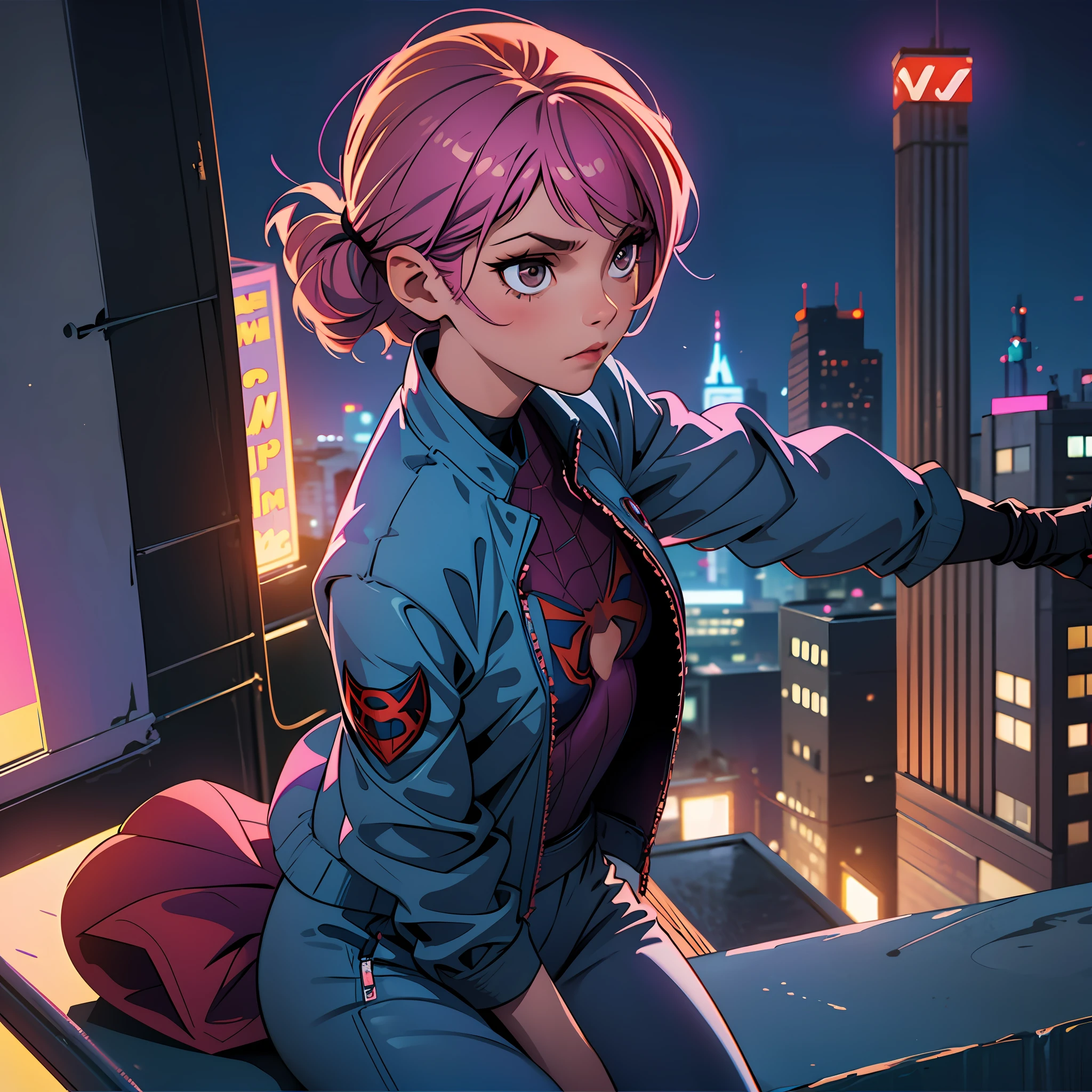 A DC comics style, on a rooftop of buildings in the city at night, a girl sits at the edges of the building, she with short pink hair and brown eyes, she wears the same jumpsuit as the superhero Spider-Man but for woman in purple and black instead of the blue and red of Spider-Man's costume and without wearing the mask