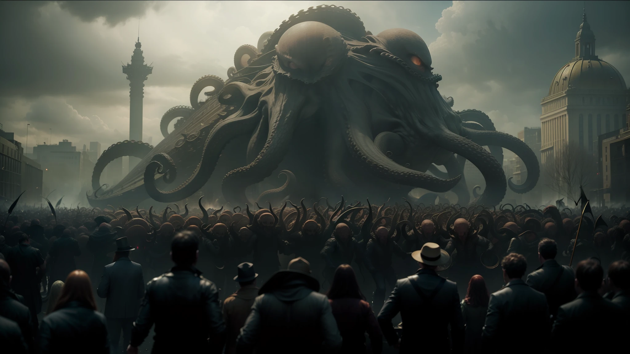 arafed image of a giant octopus attacking a crowd of people, still frame from prometheus, cthulhu samurai, compositing, inspired by David Octavius Hill, megastructure in the background, teaser trailer footage, sinister dark fantasy, hollywood promotional image