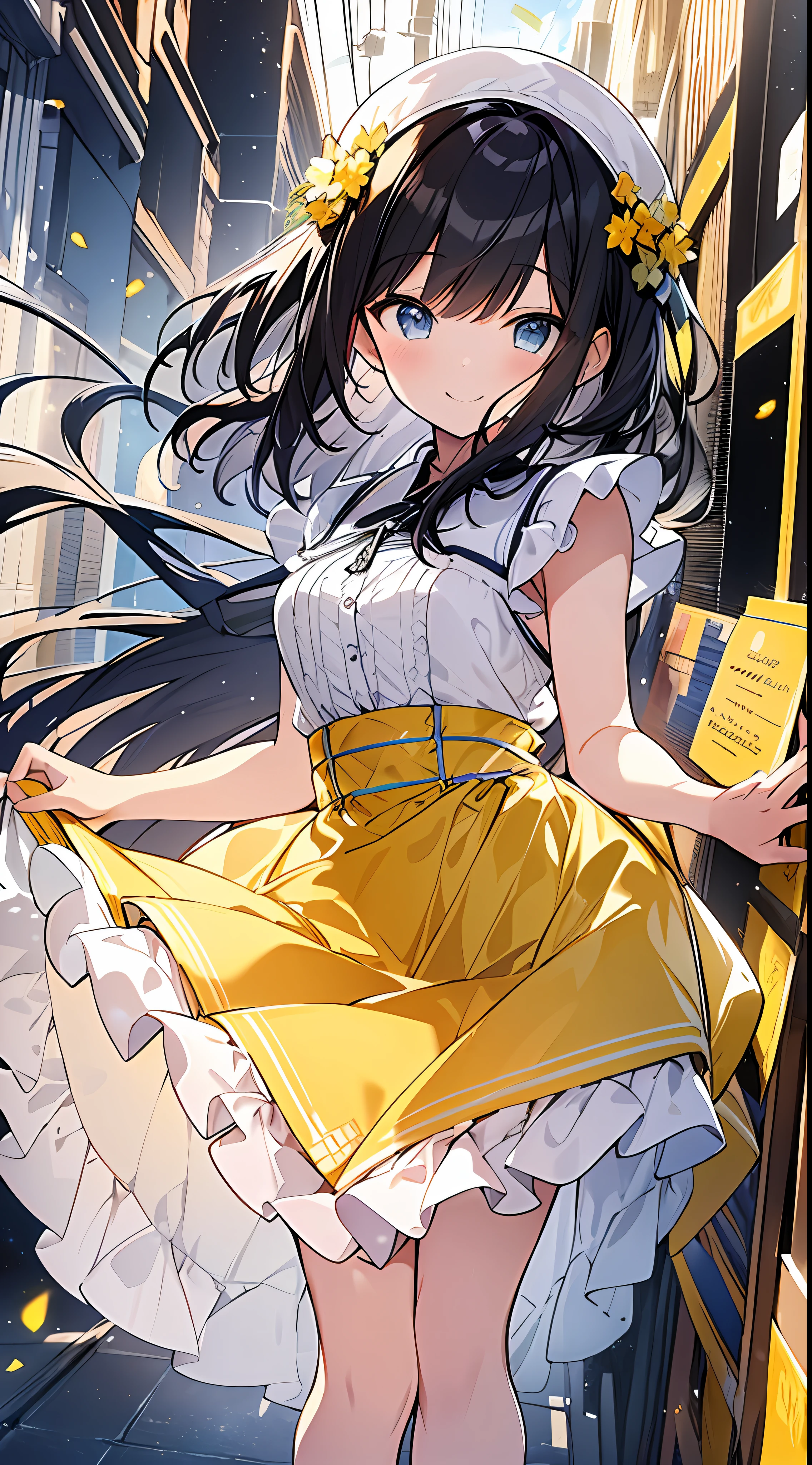 Top Quality, Masterpiece, High Resolution, 8k, Pastel Color, Luminous Yellow Dress and Skirt Anime Style Girl, One Girl, Detailed Line Art, Bright White and Bright Amber Style, Digital Enhancement, Anime Core, Flowing Fabric, Close Up, Shoulder Length and Short Braid, Beautiful Black Hair, Smiling, Angle Looking Up from Your Feet