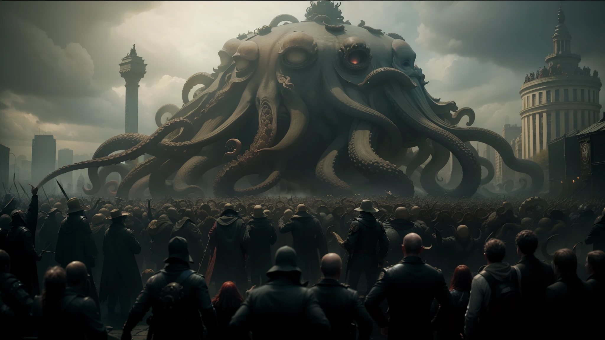 arafed image of a giant octopus attacking a crowd of people, still frame from prometheus, cthulhu samurai, compositing, inspired by David Octavius Hill, megastructure in the background, teaser trailer footage, sinister dark fantasy, hollywood promotional image