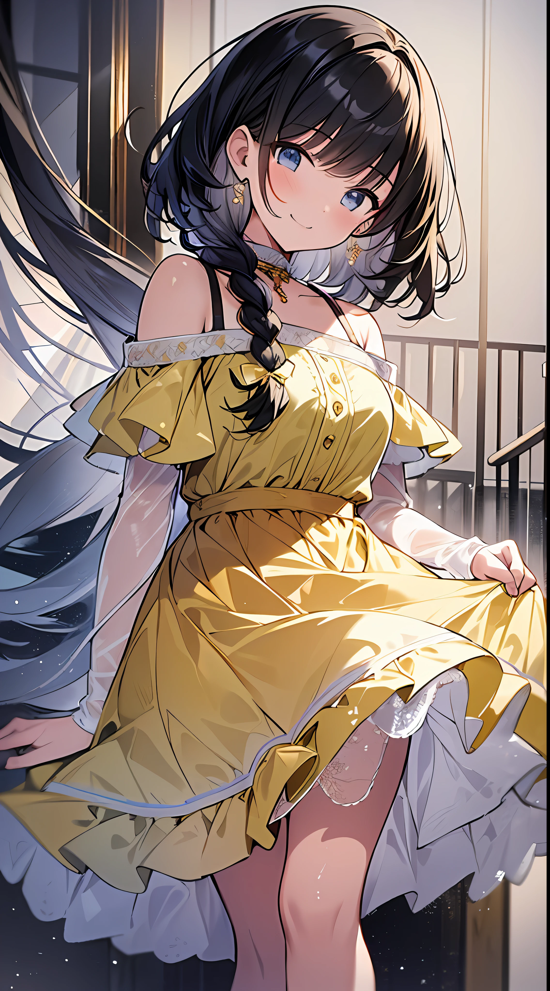 Top Quality, Masterpiece, High Resolution, 8k, Pastel Color, Luminous Yellow Dress and Skirt Anime Style Girl, One Girl, Detailed Line Art, Bright White and Bright Amber Style, Digital Enhancement, Anime Core, Flowing Fabric, Close Up, Shoulder Length and Short Braid, Beautiful Black Hair, Smiling, Angle Looking Up from Your Feet