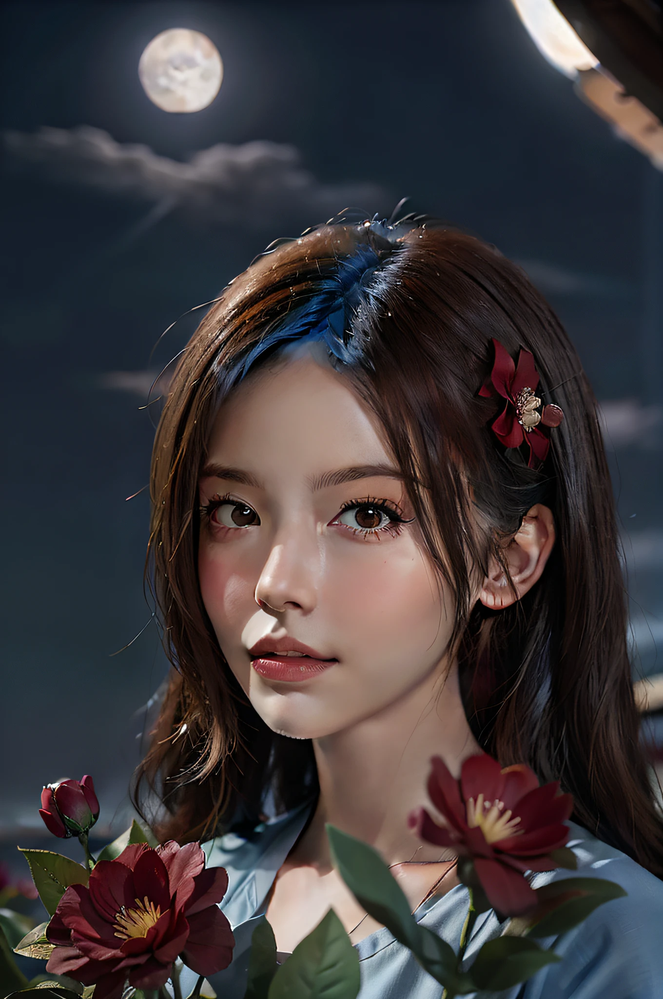 1girl, blurry, blurry_background, brown_eyes, brown_hair, depth_of_field, earrings, flower, full_moon, hair_flower, hair_ornament, lips, looking_at_viewer, moon, moonlight, night, night_sky, outdoors, red_flower, red_moon, sky, solo