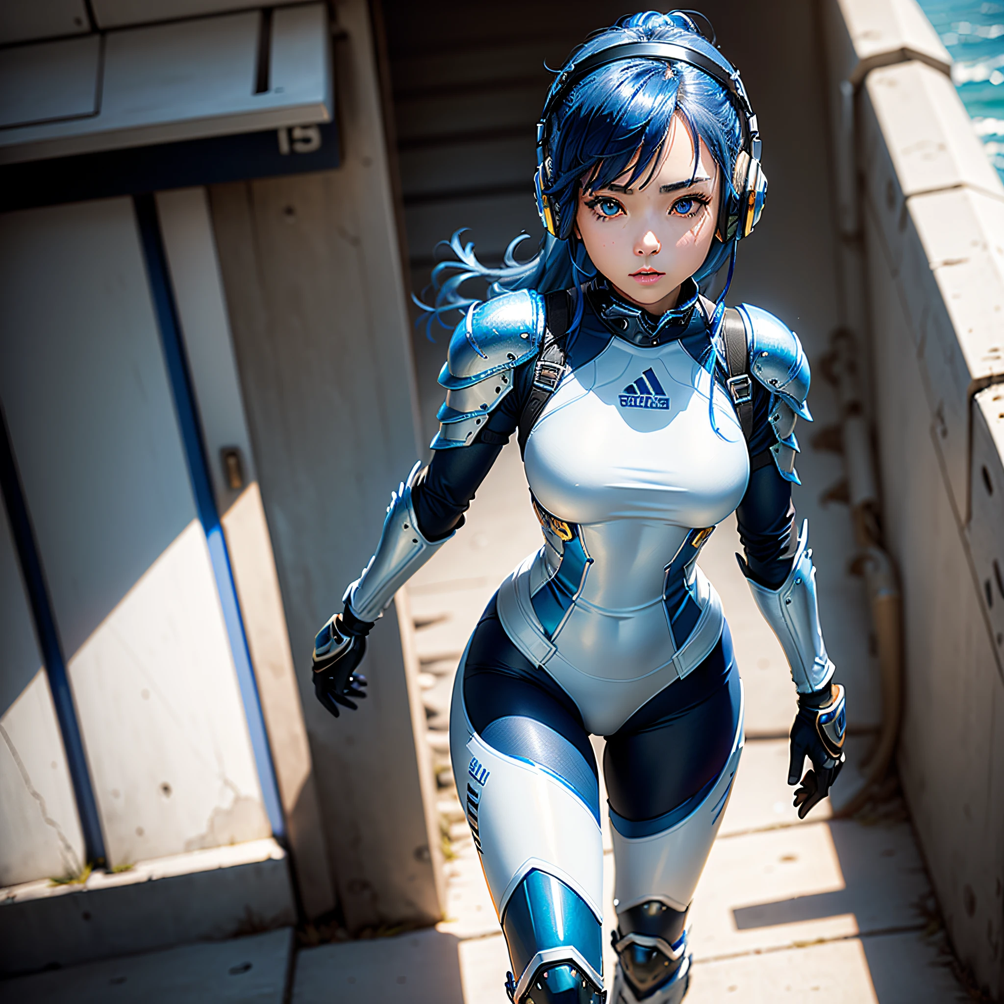 (masterpiece, highest quality, highest resolution, distinct_image, detailed details): (Solo, lone girl, Japan face, blue-haired girl, full body figure, small size breasts, sparkling blue colored eyes, metallic tone white and blue, pilot suit in black color, tight fit clothes, clothes covering the whole body, beauty, slim body, exoskeleton, sexy pose, white and blue and black metal armor, Heroine, headset, boots)