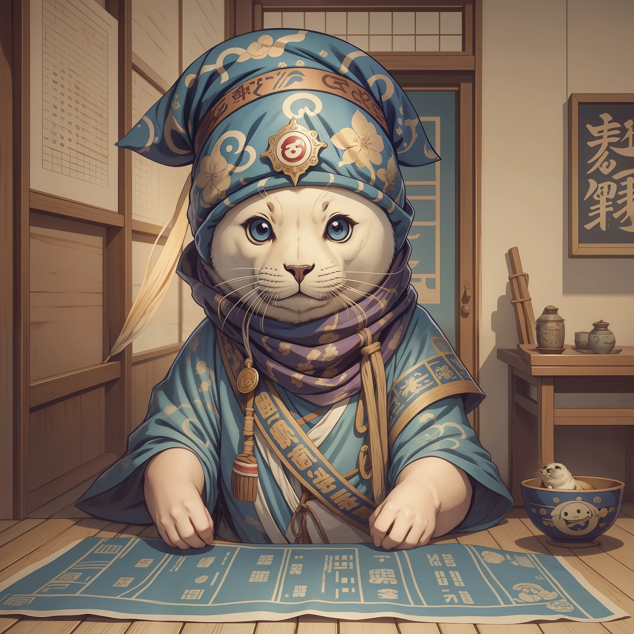 a cartoon seal with a bandana around its neck, concept art by Kishi Ganku, pixiv, shin hanga, ivan seal, shirabii, safebooru anime image, yuruyuri, the seal of fortune, official art, marin kitagawa fanart, awwwww, shuushuu anime image, gelbooru anime image, official illustration