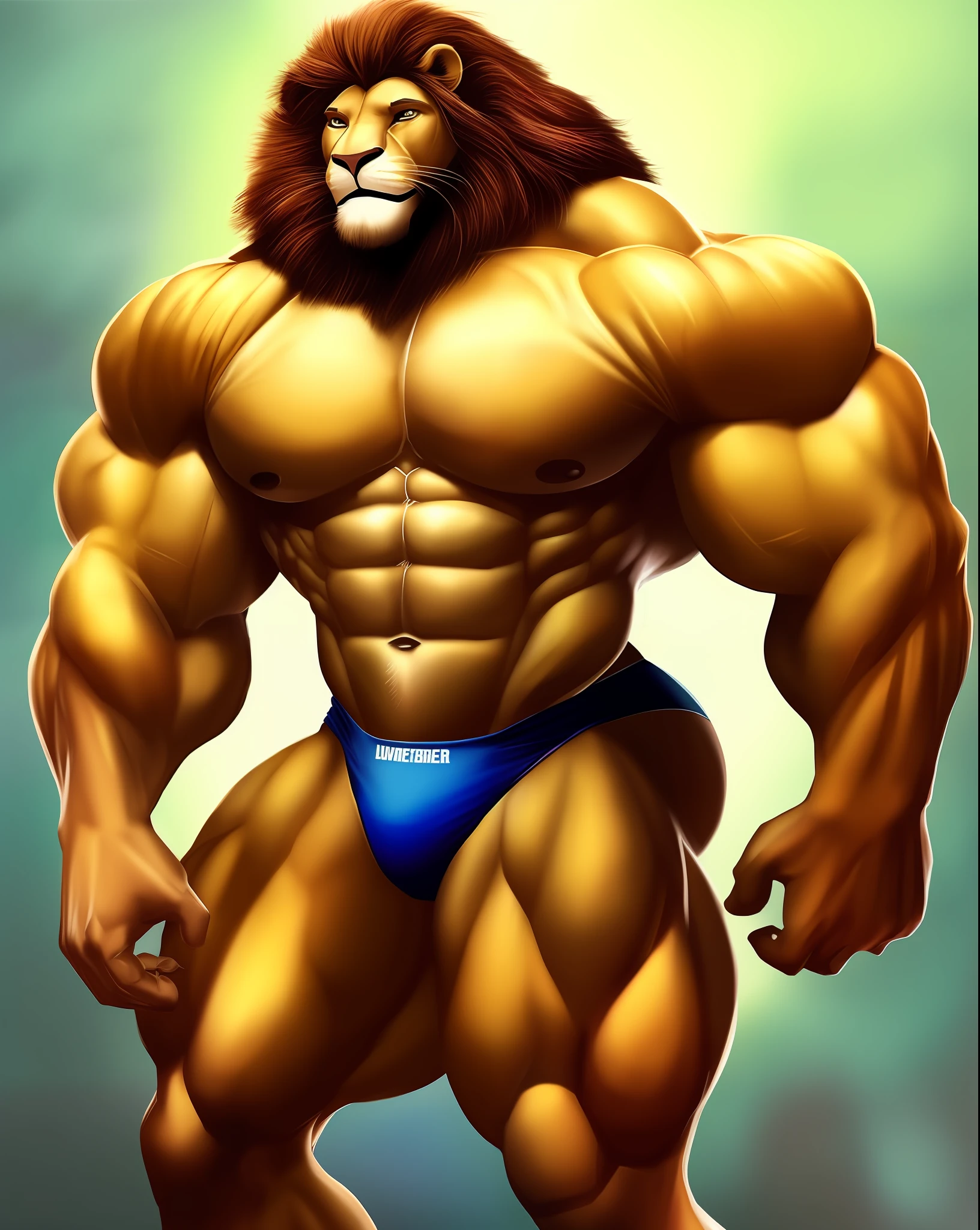 anthro lion, muscular, bodybuilder, tall and muscular, tight panties, big muscle