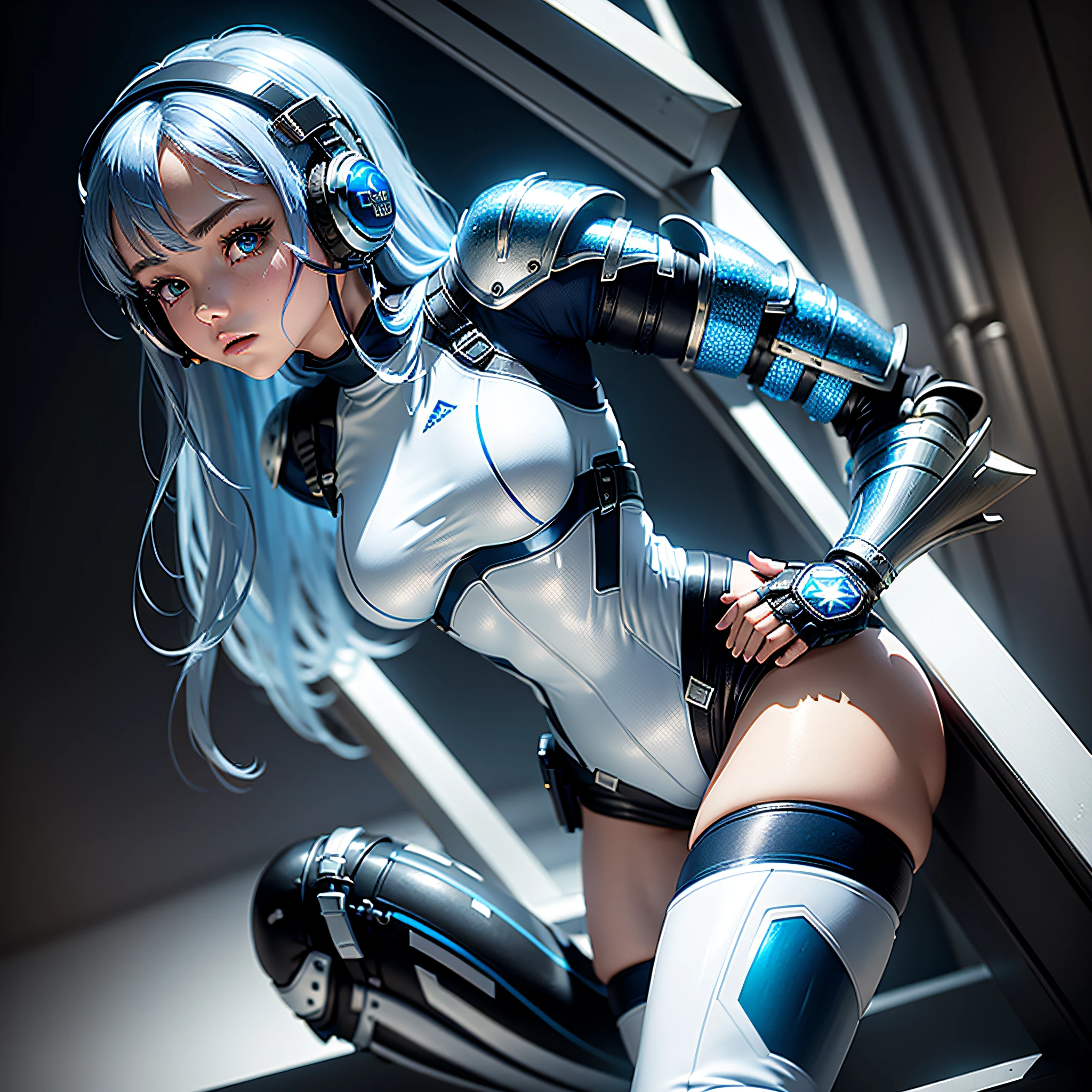 (masterpiece, highest quality, highest resolution, distinct_image, detailed details): (Solo, lone girl, Japan face, blue-haired girl, full body figure, small size breasts, sparkling blue colored eyes, metallic tone white and blue, pilot suit in black color, tight fit clothes, clothes covering the whole body, beauty, slim body, exoskeleton, sexy pose, white and blue and black metal armor, Heroine, headset, boots)