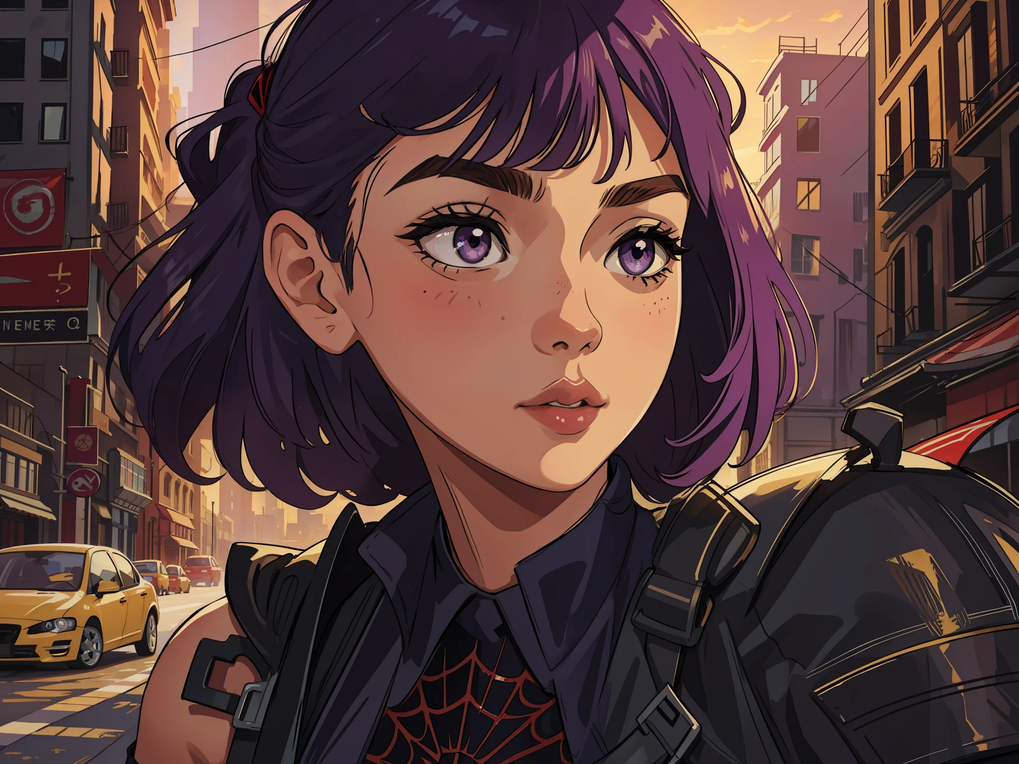 (masterpiece, best quality), intricate details, 8k, artstation, wallpaper, official art, splash art, sharp focus,
1girl, shoulder hair, brown eyes, purple hair, big and thick lips, round face, small eyes, fattening face, mouth with big lips, gwen stacy costume
 spider suit, spider web printing, spider web,  
skyscrapers, city, buildings, cars, street,