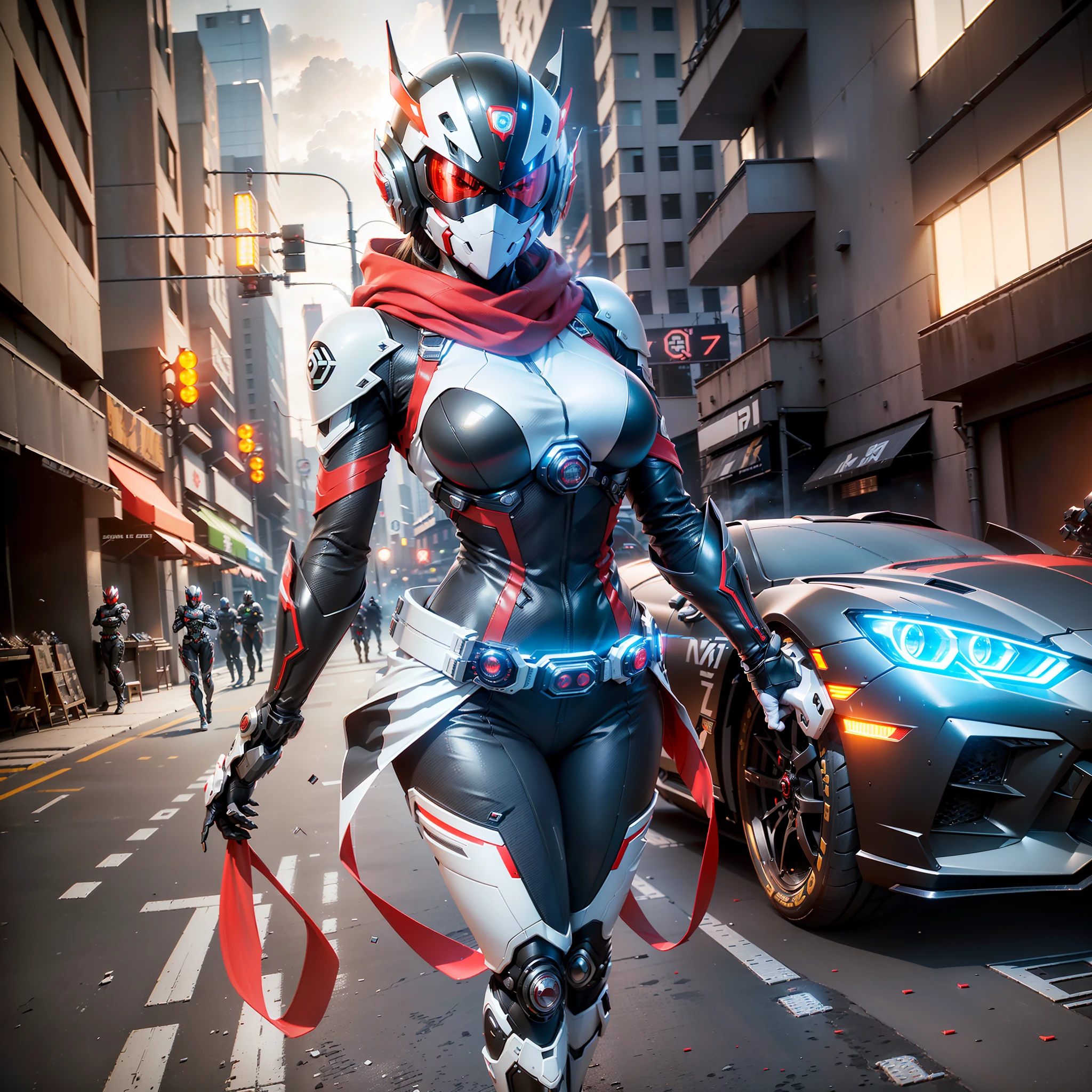 ((Best Quality)), ((Masterpiece)), (Details:1.4), 3D, Full Body Image, Image of Woman Driving a Cyberpunk Motorcycle, (((Dual Headlights)), White exterior with red lines, 6 exhaust silencers, Full cowl, Hypermachine, Racer style, ((Kamen Rider belt)), ((Kamen Rider style)), red scarf, Full face helmet with flying spider image, riding suit with cyber design, HDR (High Dynamic Range), Ray Tracing, NVIDIA RTX, Super Resolution, Unreal 5, Subsurface Scattering, PBR Texturing, Post-Processing, Anisotropic Filtering, Depth of Field, Maximum Clarity and Sharpness, Multi-layered Textures, Albedo and specular maps, surface shading, accurate simulation of light-material interactions, slender body, perfect proportions, sharp eyeliner, ((full body)), sharp focus, octane rendering, two-tone lighting, wide aperture, low ISO, white balance, rule of threes, 8K raw, circuit board AI , 4k, foggy, night city background,