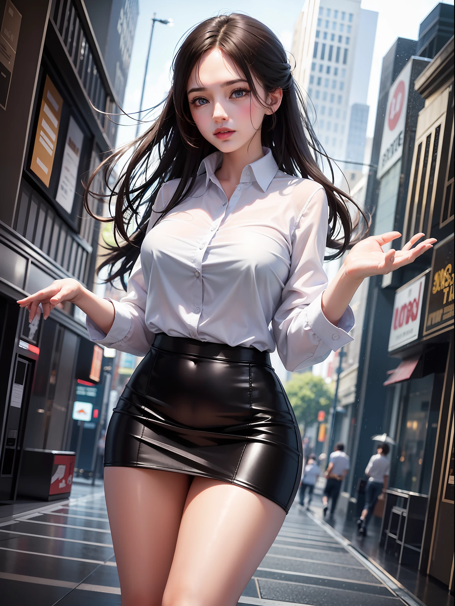 beautiful fingers,A beautiful girl with long, white legs runs through the busy streets of a city. The blue sky above her is clear, and the air is thick with the scent of rain. As she moves, her office attire, soaked from the wet weather, clings to her body, revealing her graceful form. Despite the rain, she moves with purpose and determination, her eyes fixed on her destination.