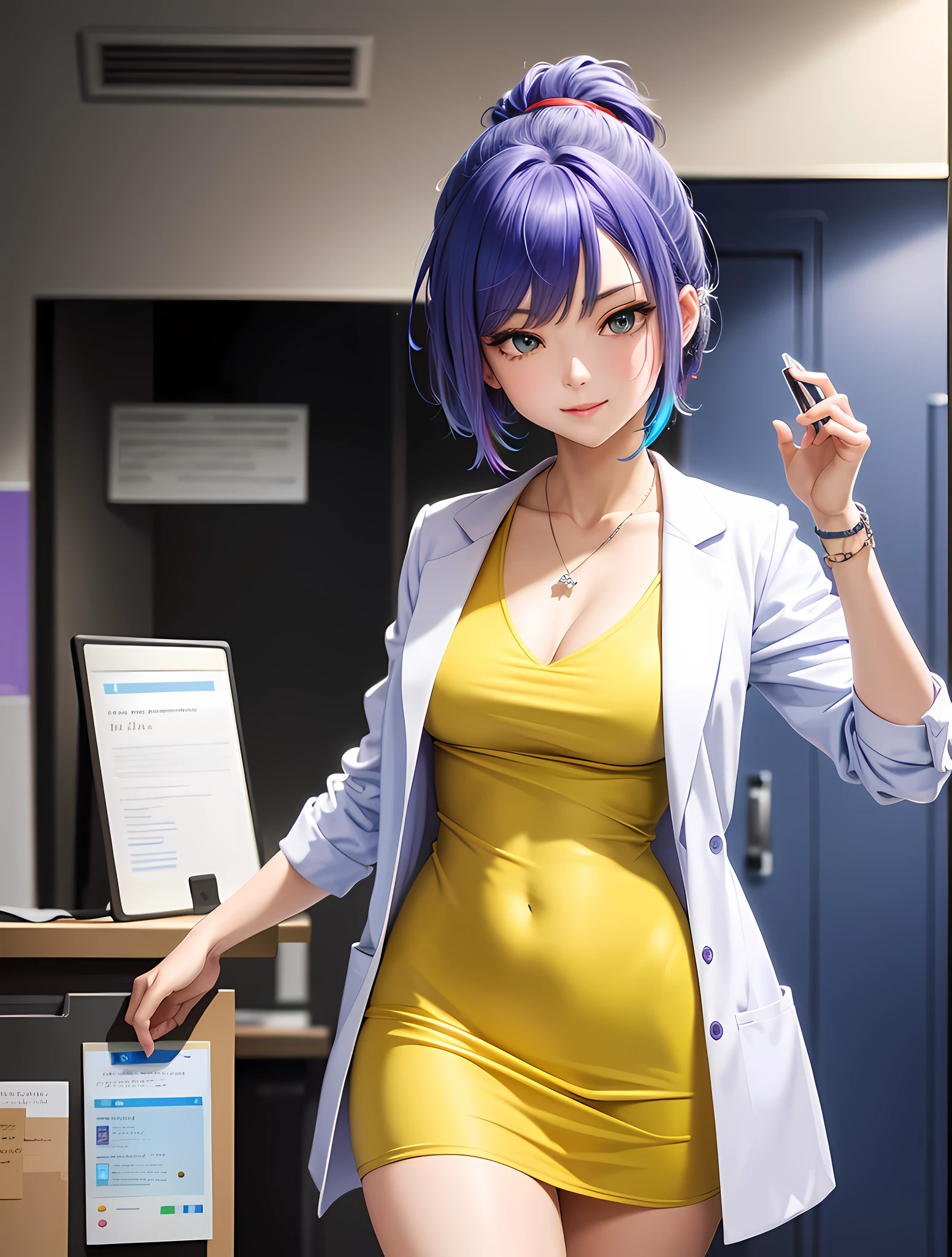 Masterpiece, best picture quality, super detailed, hot shot, perfect belly contour, colorful hair (blue + silver: 1.3 + red: 1.3 + purple + yellow: 1.3 + green: 1.3), no bra, tight dress, wearing a necklace (highlighted description x1.1), Tae Takemi smile, lab coat, sexy pose, standing in front of doctor's office background.