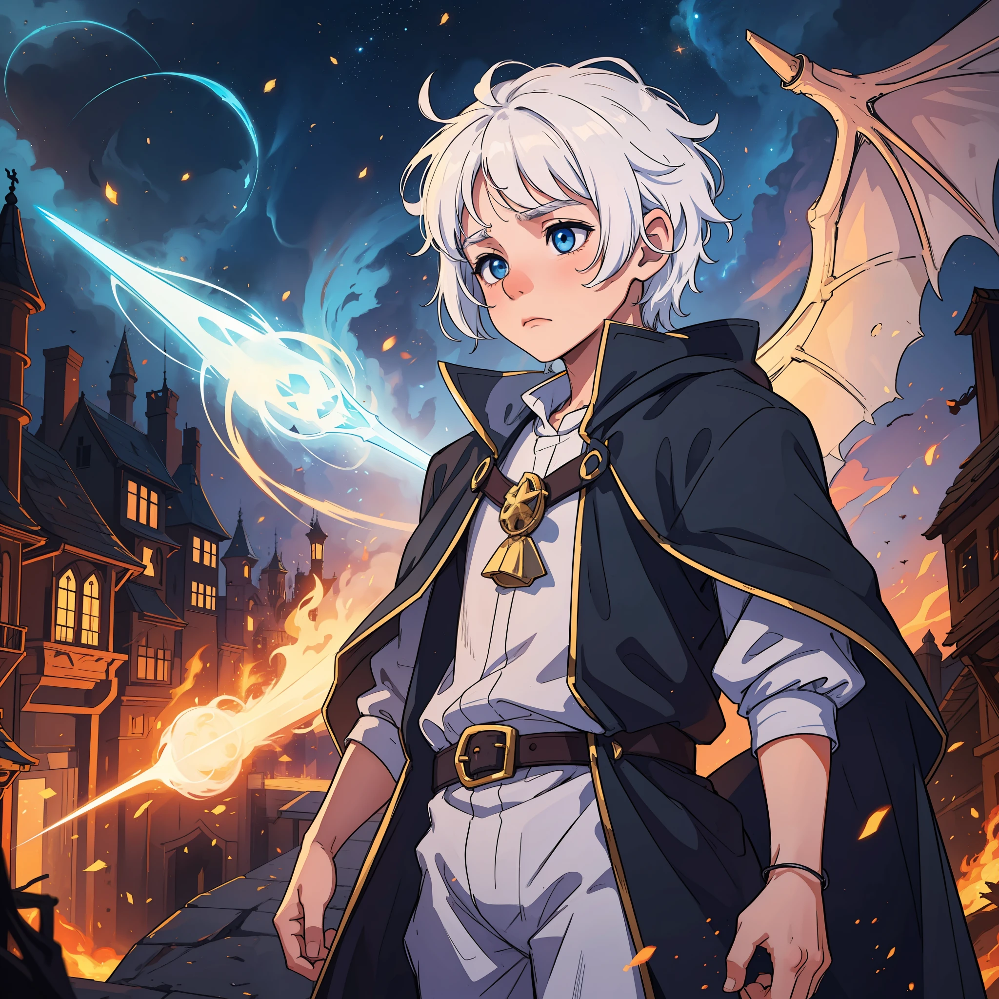 A young child boy looking sad and innocent with white hair, with magic around his body, magical glow and magical lights in the midst of a burning medieval city being attacked by magic and a dragon in the skies at the bottom of the horizon