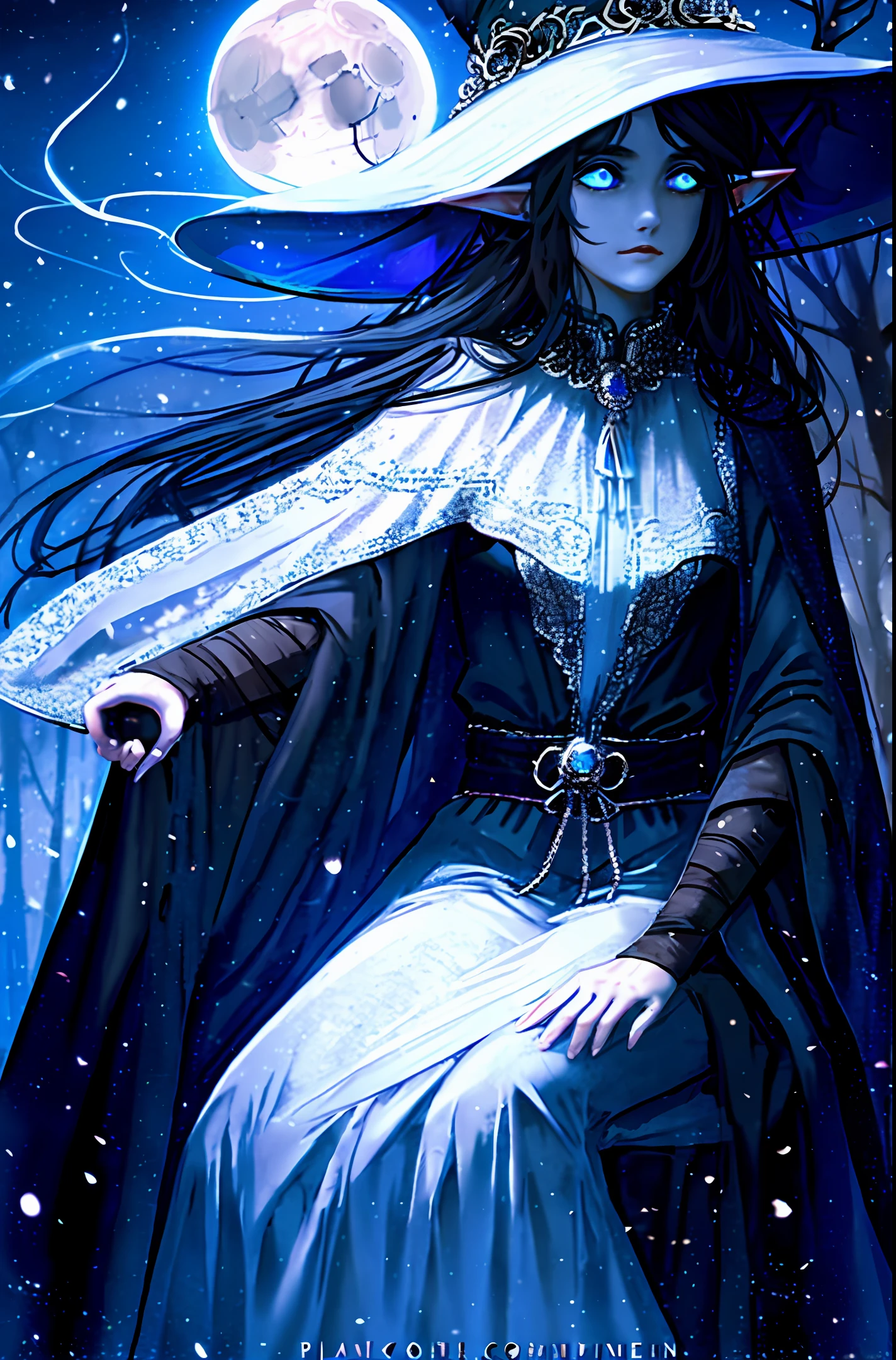 Beautiful thin elf girl, Black gothic robe, witch hat, dark forest landscape, moon, white long hair, blue eyes, lonely expression, high detailed, anime