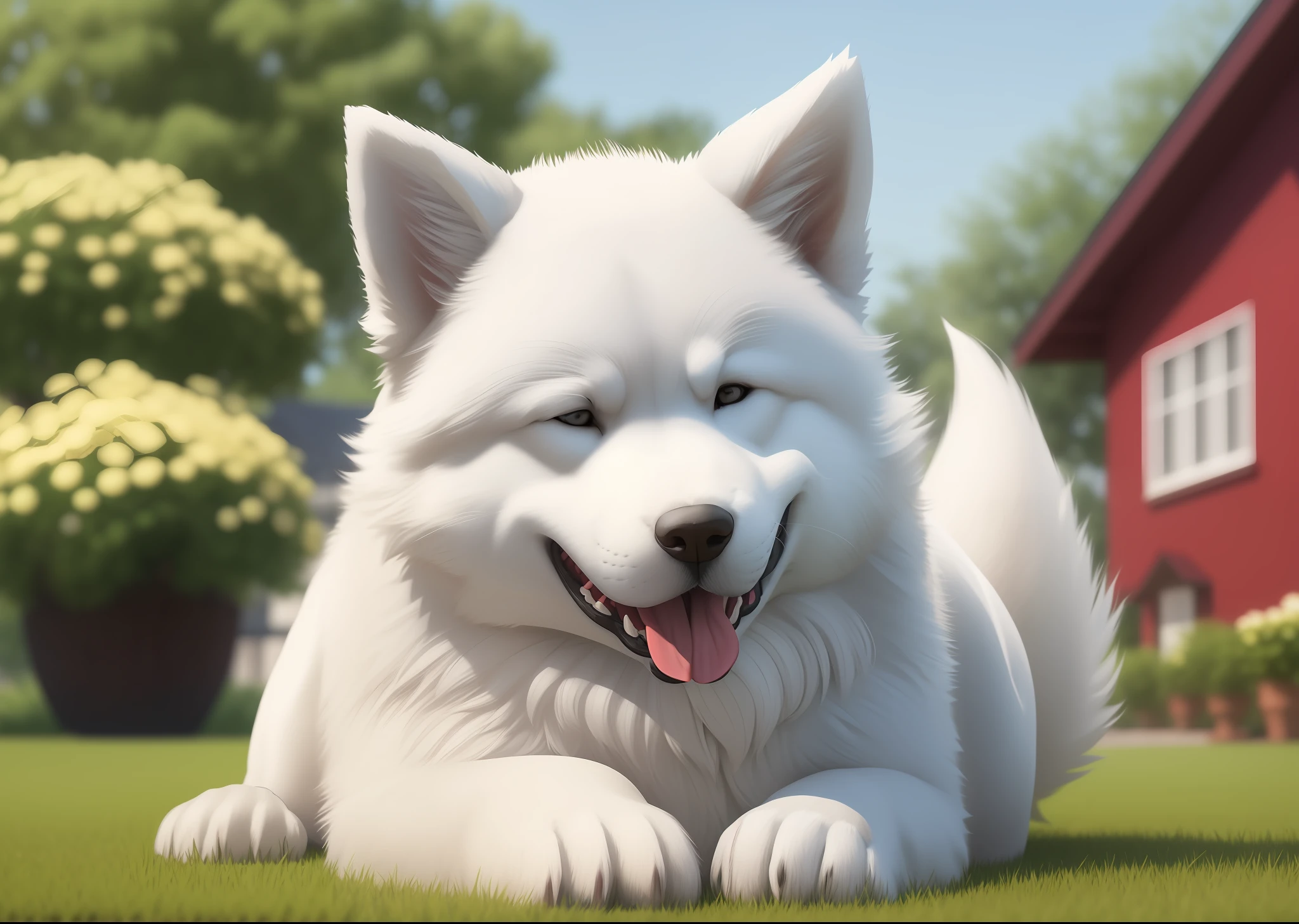 a big and furry white dog akita (((SOLO))) , well-detailed, sharp focus, with the tongue out, very detailed tail, artstation, 3D art, looking at camera, house garden background, photo realism, masterpiece, hyper resolution, 4k, 8k, canon 50mm, --S100