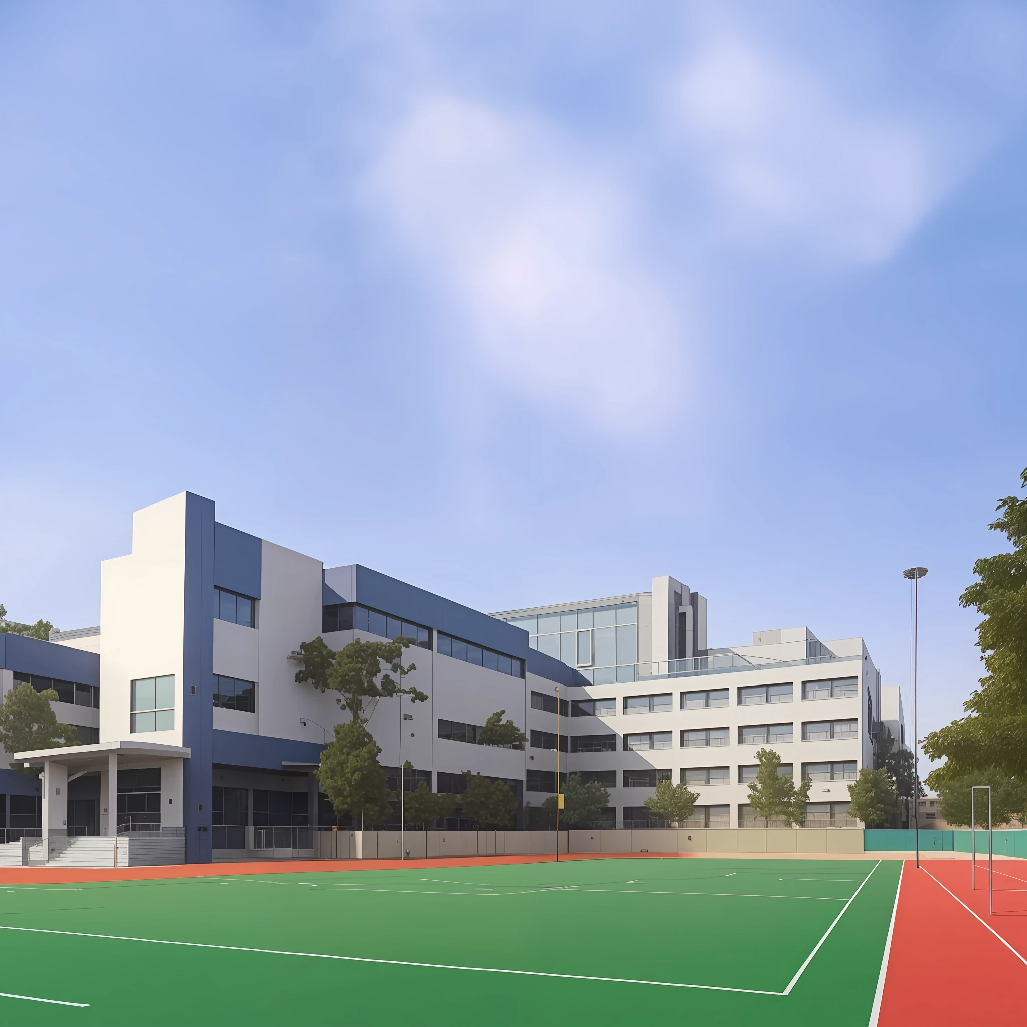 In front of the building there is a football field with a target, school courtyard, ground view, ground view, complex, whole building, school, ground view, private school, university, wide angle lens, school, wide angle establishment lens, sunny environment, wide angle lens, wide angle lens, beautiful images, high school, 8K