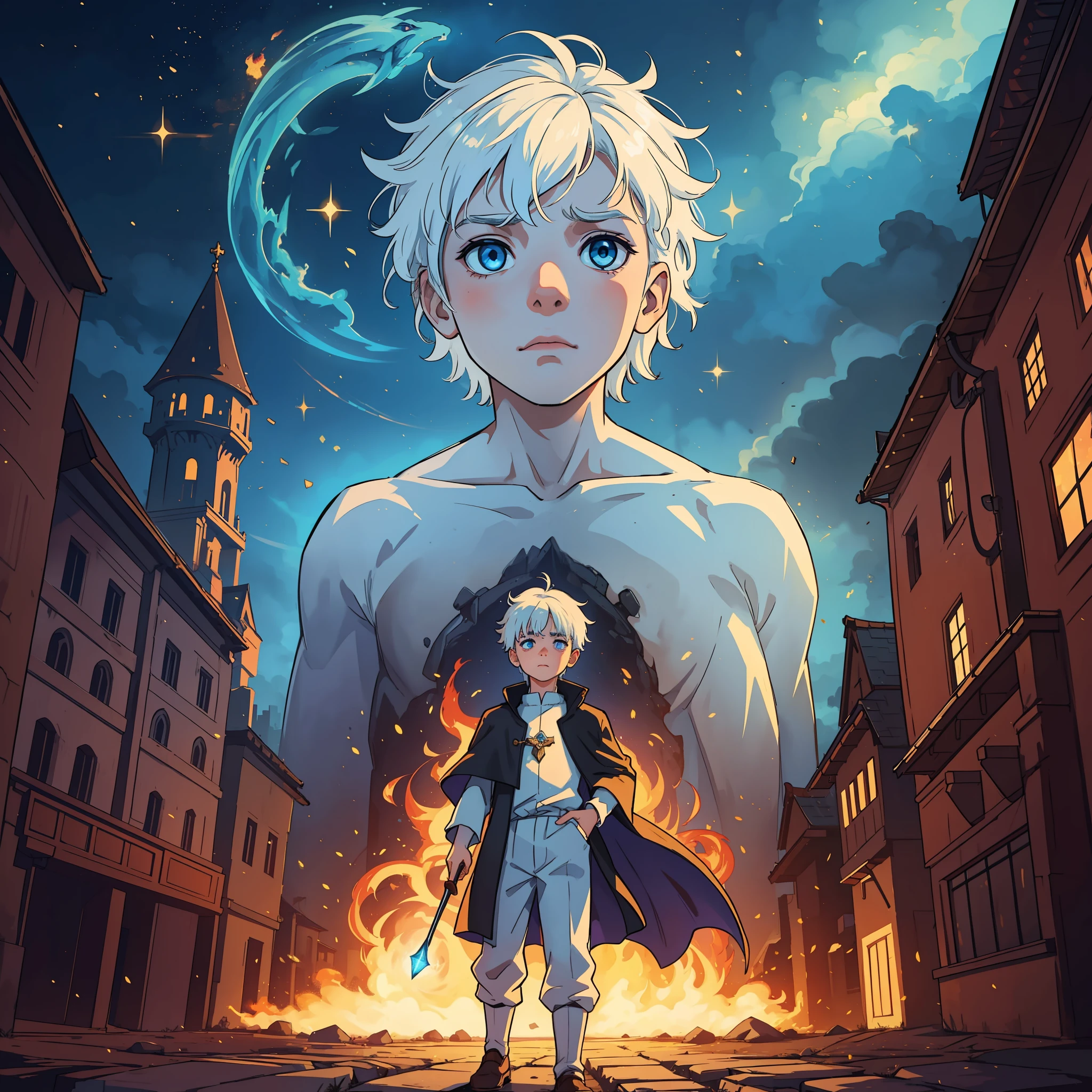 A young child boy looking sad and innocent with white hair, with magic around his body, magical glow and magical lights in the midst of a burning medieval city being attacked by magic and a dragon in the skies at the bottom of the horizon