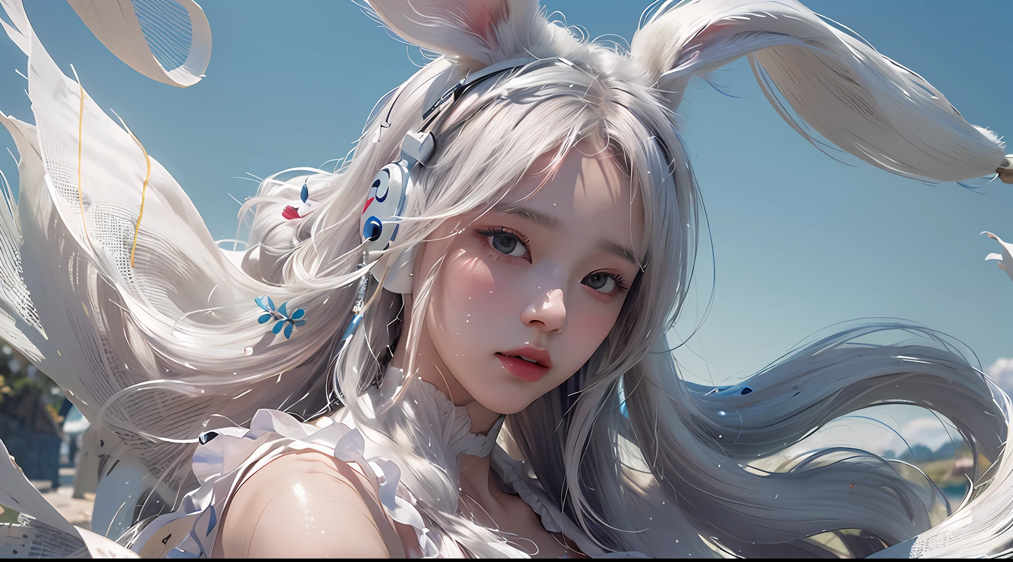 Highest quality, highest resolution, masterpiece, ultra hd mobile wallpaper, girl with headphones with landscape, fairy, upper body, dancing, white hair, rabbit ear hair ornament, blush, drooling, seduction, longing, wet, imaginative background, master contrast, Sony ultra wide angle shooting, realistic