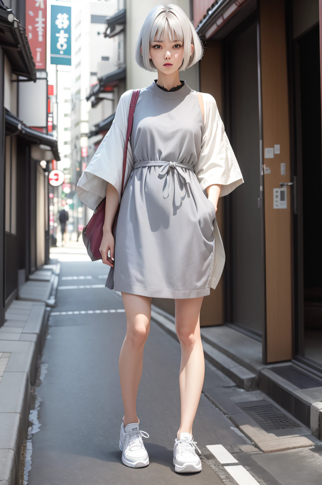 young woman, beautiful visual, tall, gray hair, fashionable, Japan, short cut hair, upright, sneakers, white luxury dress