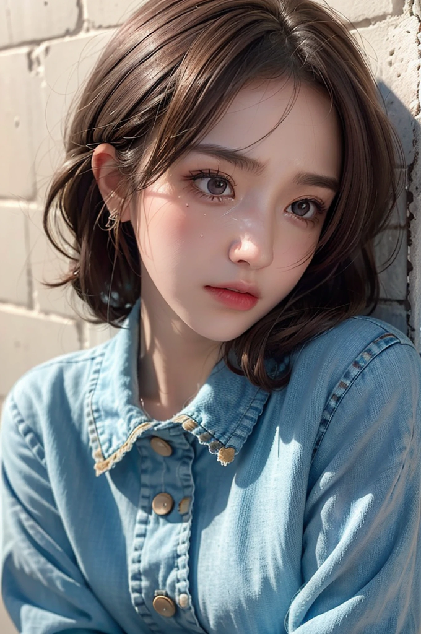 Best Quality, Masterpiece, Ultra High Resolution, (Realistic: 1.4), Original Photo, (True Skin Texture: 1.3), (Film Grain: 1.3), Panorama, Portrait, Very Wide Lens, Narrow Waist, Denim Lens, (In the Dark, Deep Shadows, Low Profile, Cold Light,) Night, Close-up, Tears,
indoors, dust, tyndall effect, sadness, disappointment, gloom (expression), sitting, (against the wall), crying, frowning, (looking down), nervousness, tears, loneliness,
1 girl, beautiful detail eyes and face, white jabot, pink dark V, brown eyes,