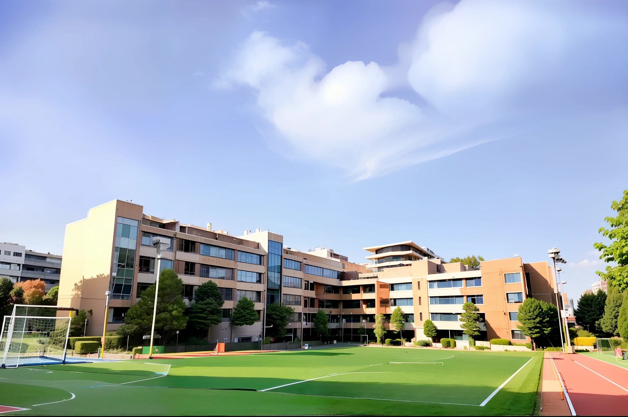 there is a soccer field with a goal on it in front of a building, school courtyard, ground - level view, ground-level view, japanese high school, composite, full building, ground view, school, private school, college, a wide shot, wide - shot, wide-shot, wide establishing shot, schools, sunny environment, high qulity
