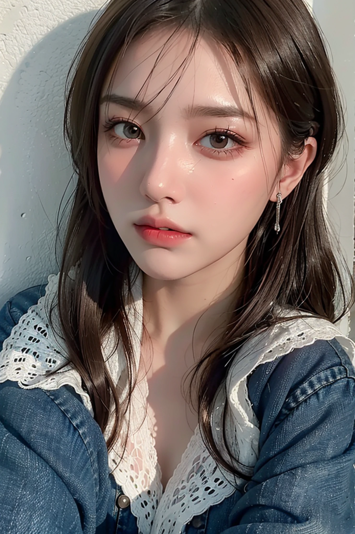 Best Quality, Masterpiece, Ultra High Resolution, (Realistic: 1.4), Original Photo, (True Skin Texture: 1.3), (Film Grain: 1.3), Panorama, Portrait, Very Wide Lens, Narrow Waist, Denim Lens, (In the Dark, Deep Shadows, Low Profile, Cold Light,) Night, Close-up, Tears,
indoors, dust, tyndall effect, sadness, disappointment, gloom (expression), sitting, (against the wall), crying, frowning, (looking down), nervousness, tears, loneliness,
1 girl, beautiful detail eyes and face, white jabot, pink dark V, brown eyes,