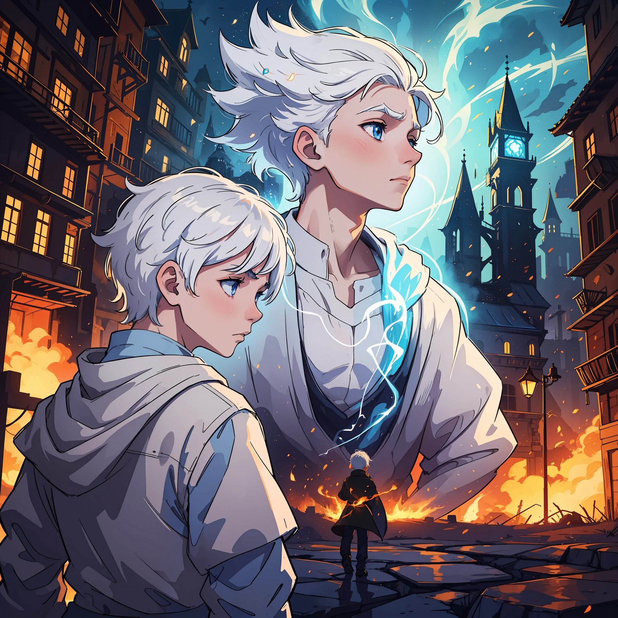 A boy looking sad and innocent with white hair, with magic around his body, magical glow and magical lights in the midst of a burning medieval city being attacked by magic and a dragon in the skies at the bottom of the horizon