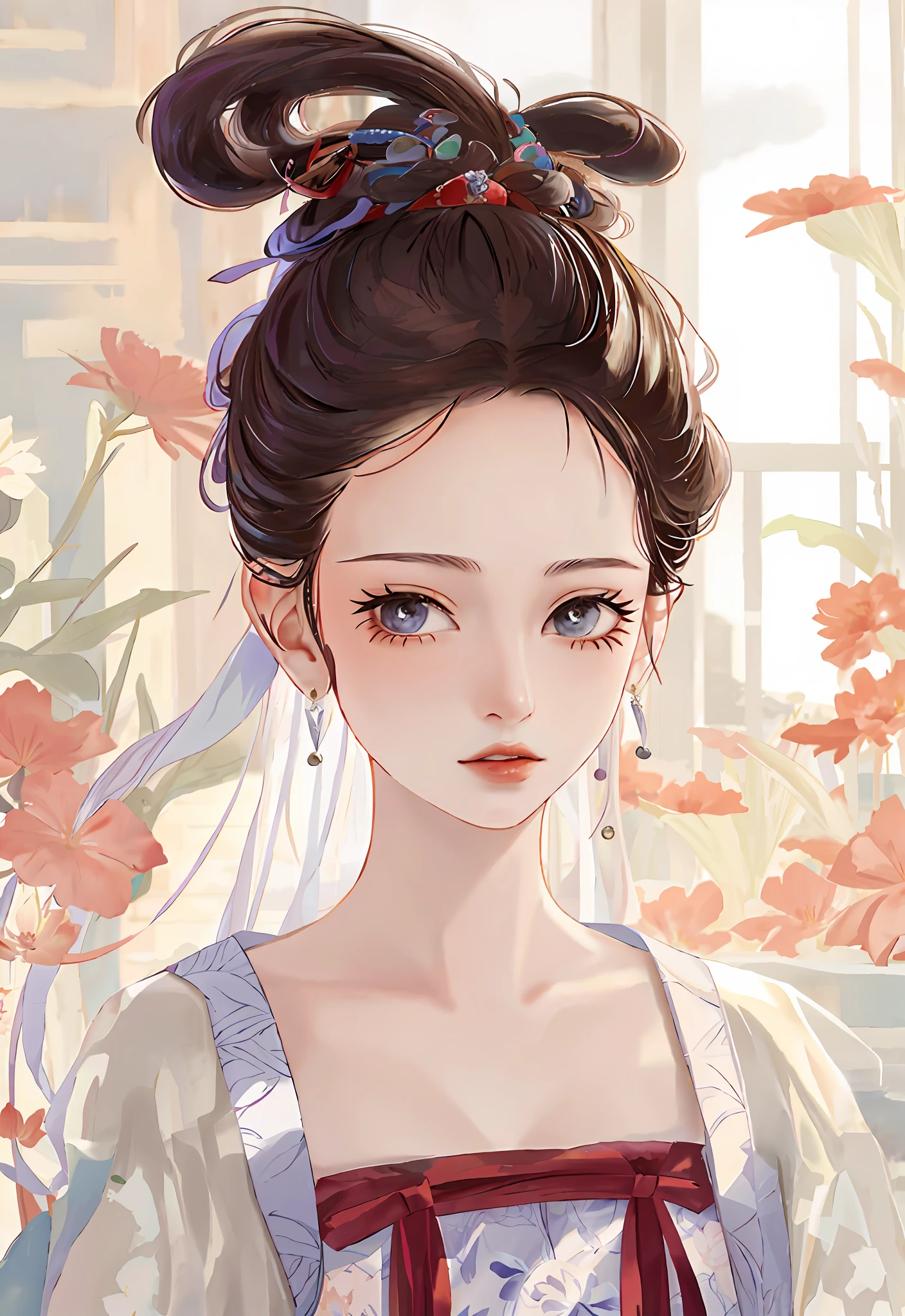 Head flower, earrings, front, half-body, ancient Chinese beauty, wearing ancient Chinese clothing, flowing tulle, light silk, lazy pose, large lotus leaves, lotus flowers, ink painting style, clean colors, decisive cut, landscape background, freehand, masterpiece, super detailed, epic composition, high quality, highest quality, 4k --v 6