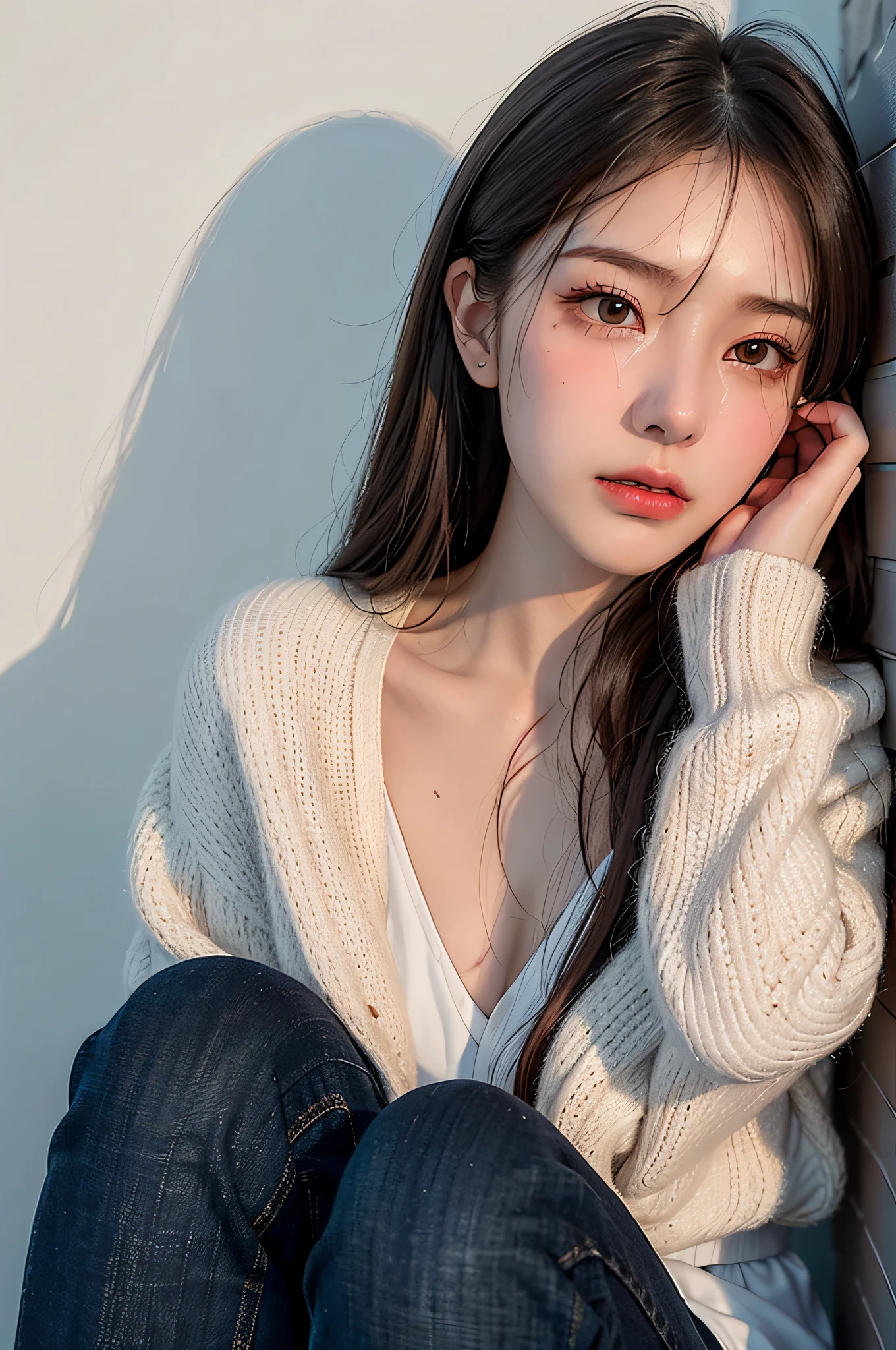 Best Quality, Masterpiece, Ultra High Resolution, (Realistic: 1.4), Original Photo, (True Skin Texture: 1.3), (Film Grain: 1.3), Panorama, Portrait, Very Wide Lens, Narrow Waist, Denim Lens, (In the Dark, Deep Shadows, Low Profile, Cold Light,) Night, Close-up, Tears,
indoors, dust, tyndall effect, sadness, disappointment, gloom (expression), sitting, (against the wall), crying, frowning, (looking down), nervousness, tears, loneliness,
1 girl, beautiful detail eyes and face, white jabot, pink dark V, brown eyes,