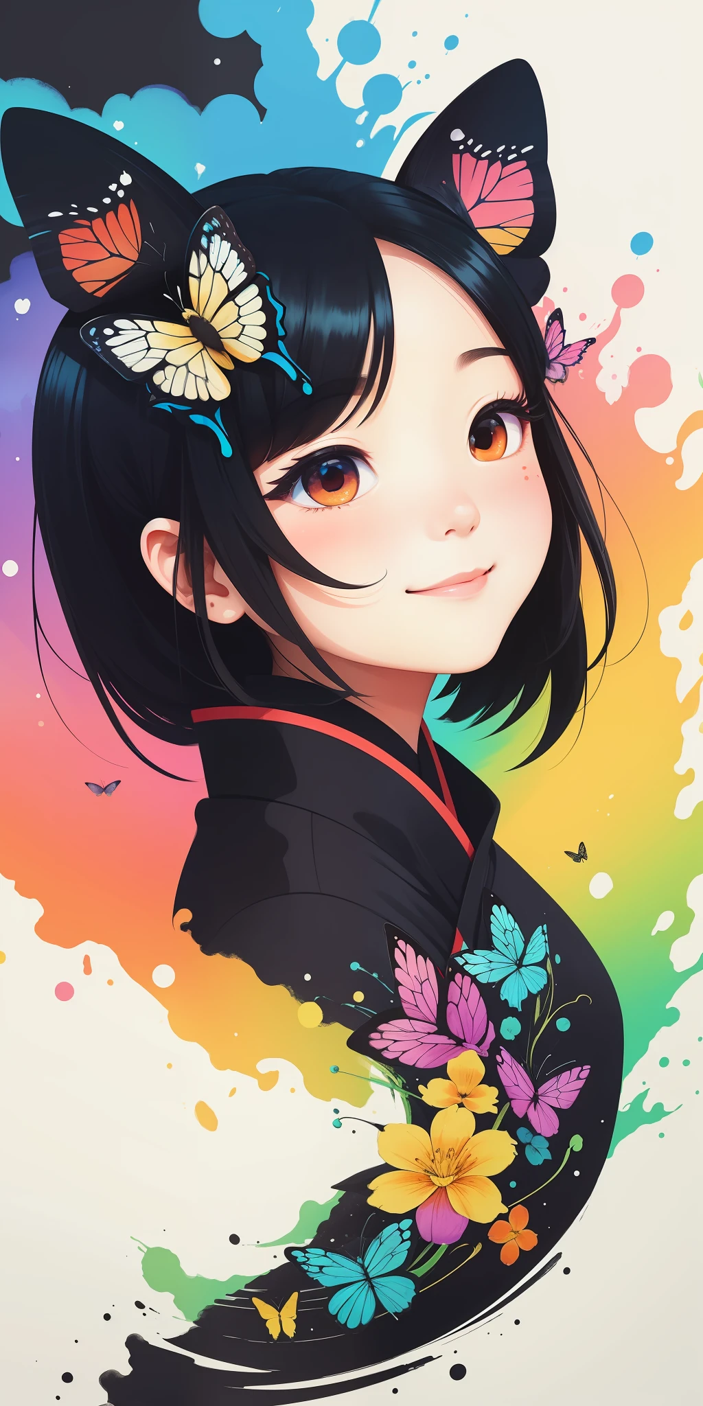 (masterpiece, best quality: 1.2), shukizuma, negative space, shuimobysim, ink painting, colorful traditional Chinese colors, one butterfly over flower close-up, (smile), looking at the viewer, color saturation, bright colors neon