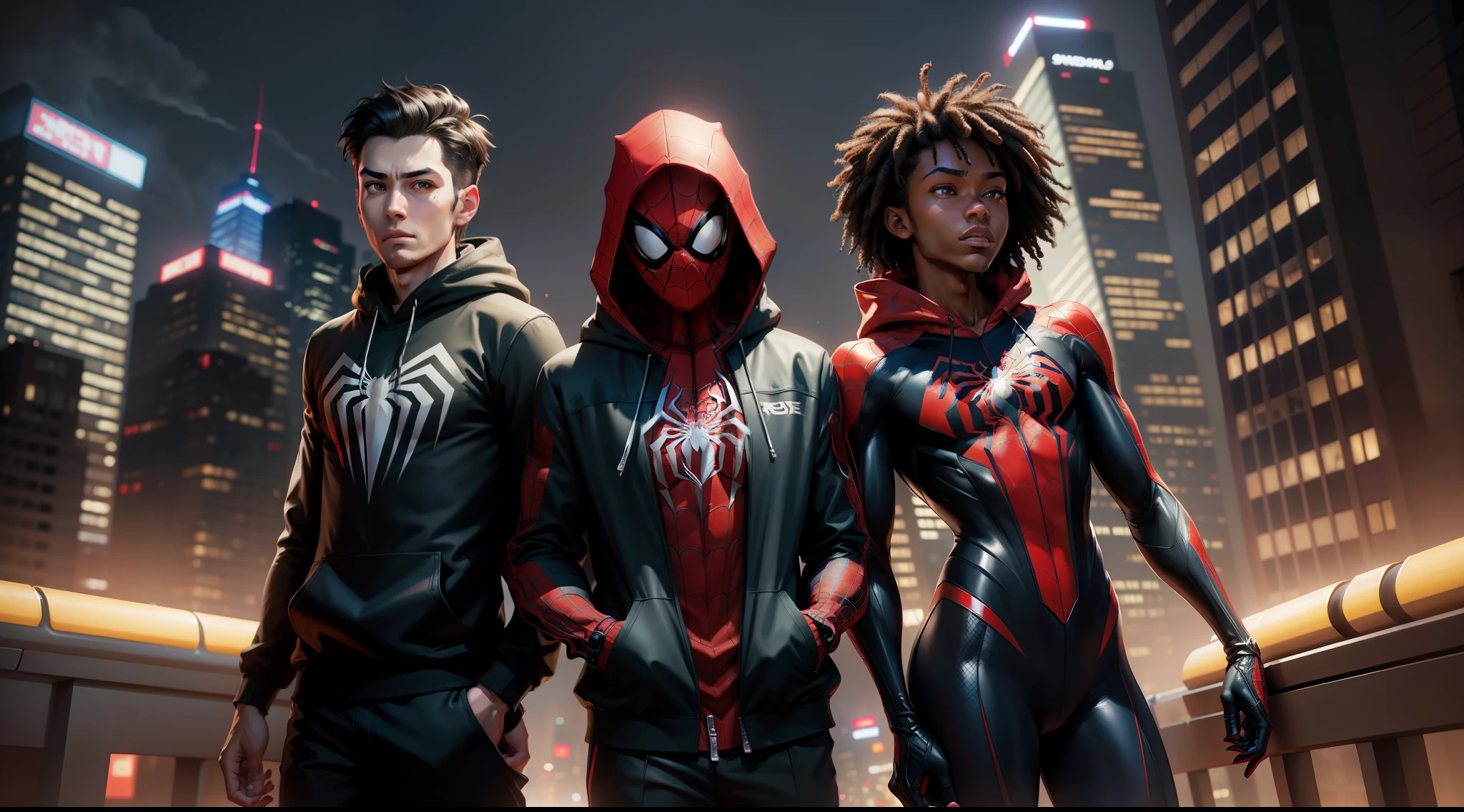 spider man - spider - man and spider - man in a city, spider - verse art style, into the spiderverse, spiderverse, into the spider verse, futuristic style spiderman, miles morales!!!, 3840 x 2160, 3840x2160, miles morales, hq 4k wallpaper, rendered in sfm, super detailed render, ultra details, HDR, UHD,64K,