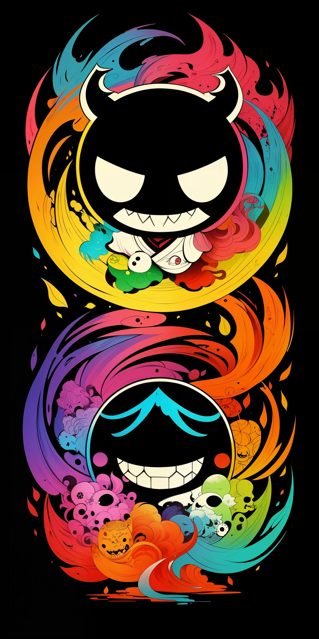 (Masterpiece, best quality: 1.2), shukizuma, negative space, shuimobysim, ink painting, colorful colors, traditional Chinese, monsters, (smile), looking at the viewer, saturation, bright colors, neon