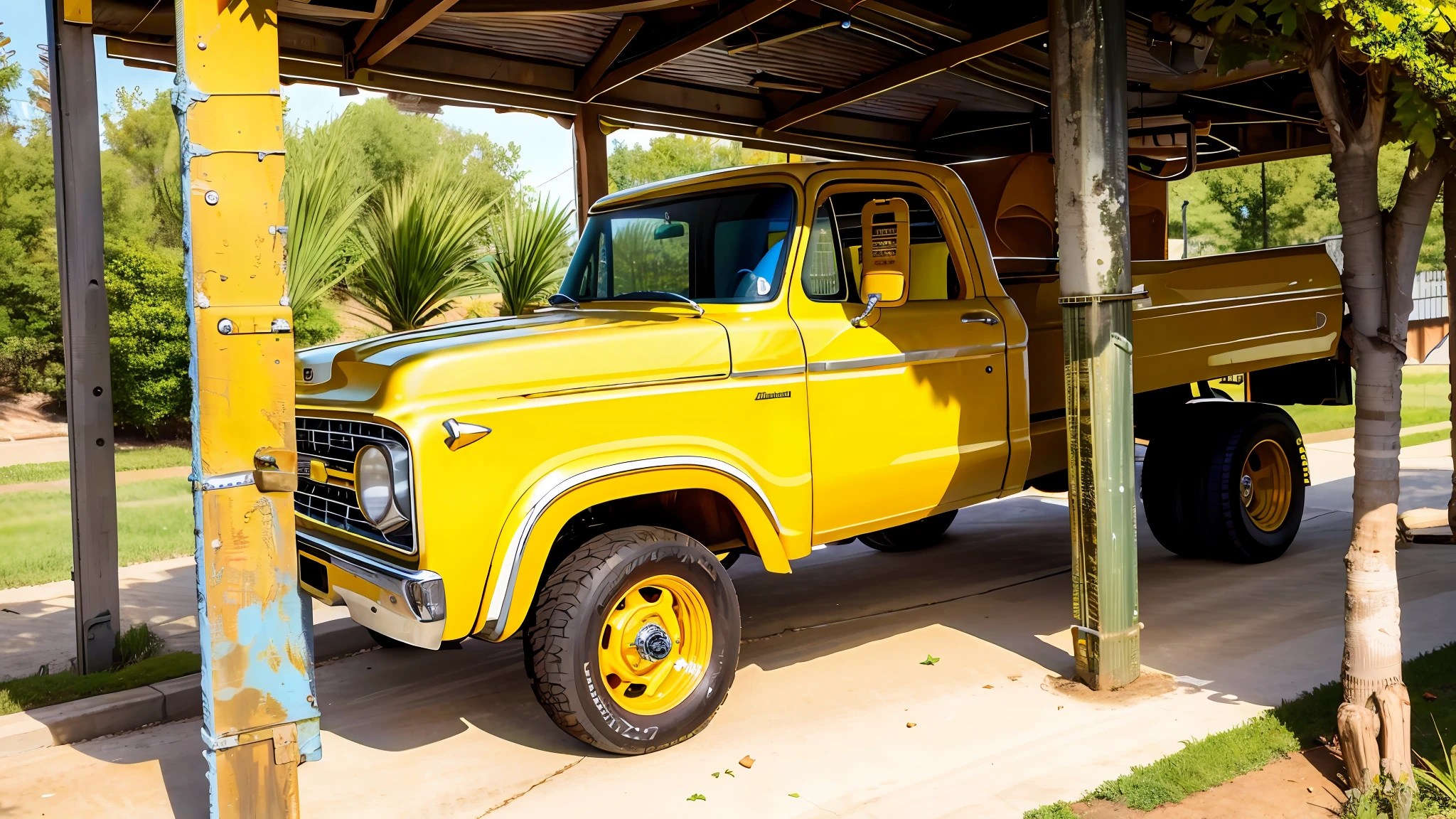 Yellow truck in a garage, looking real and classic, 1961", 1970', 7 0s, a beautiful, restored, full shot, vibrant and powerful, classic trucks, color 1970