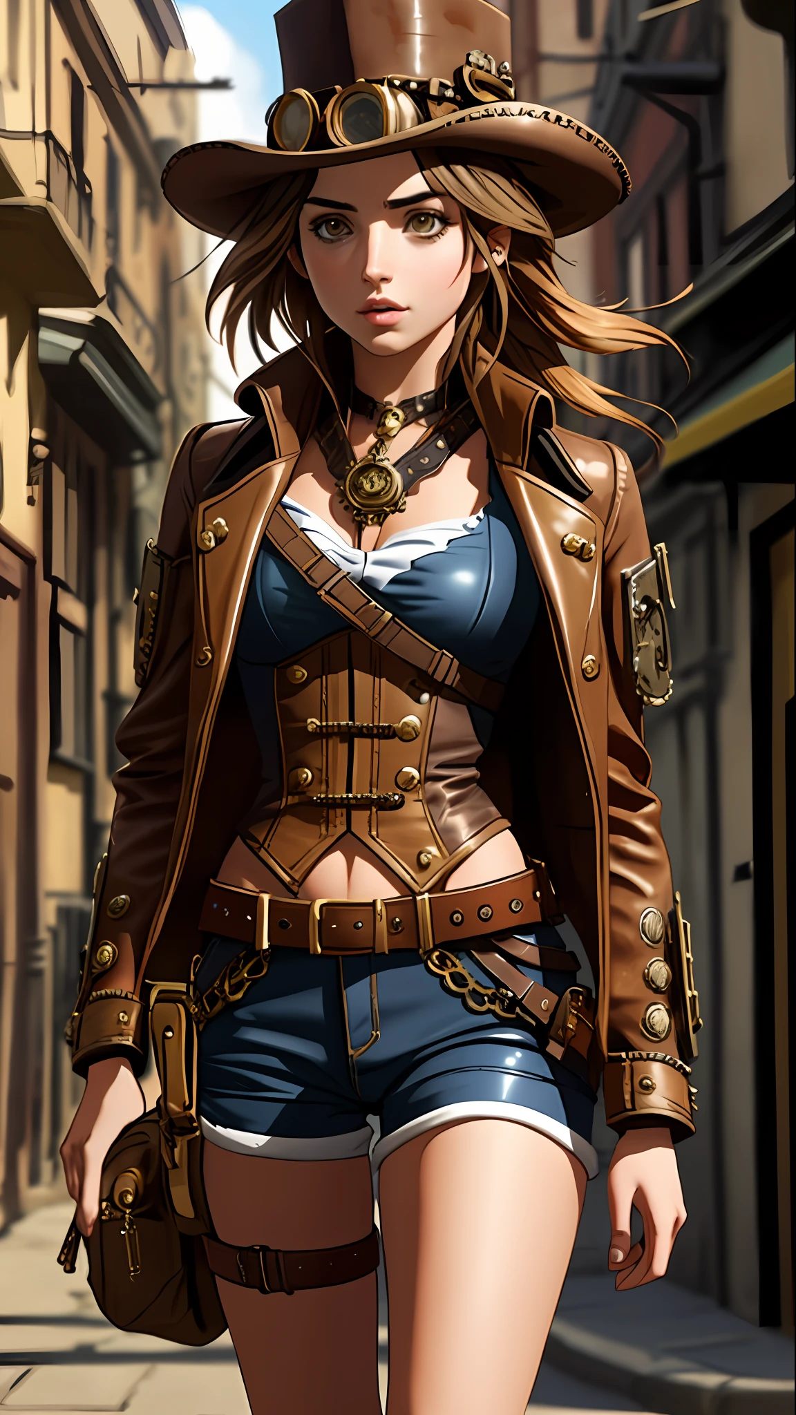 cute steampunk Ana De Armas wearing a stylish steampunk outfit in a steampunk street, cinematic