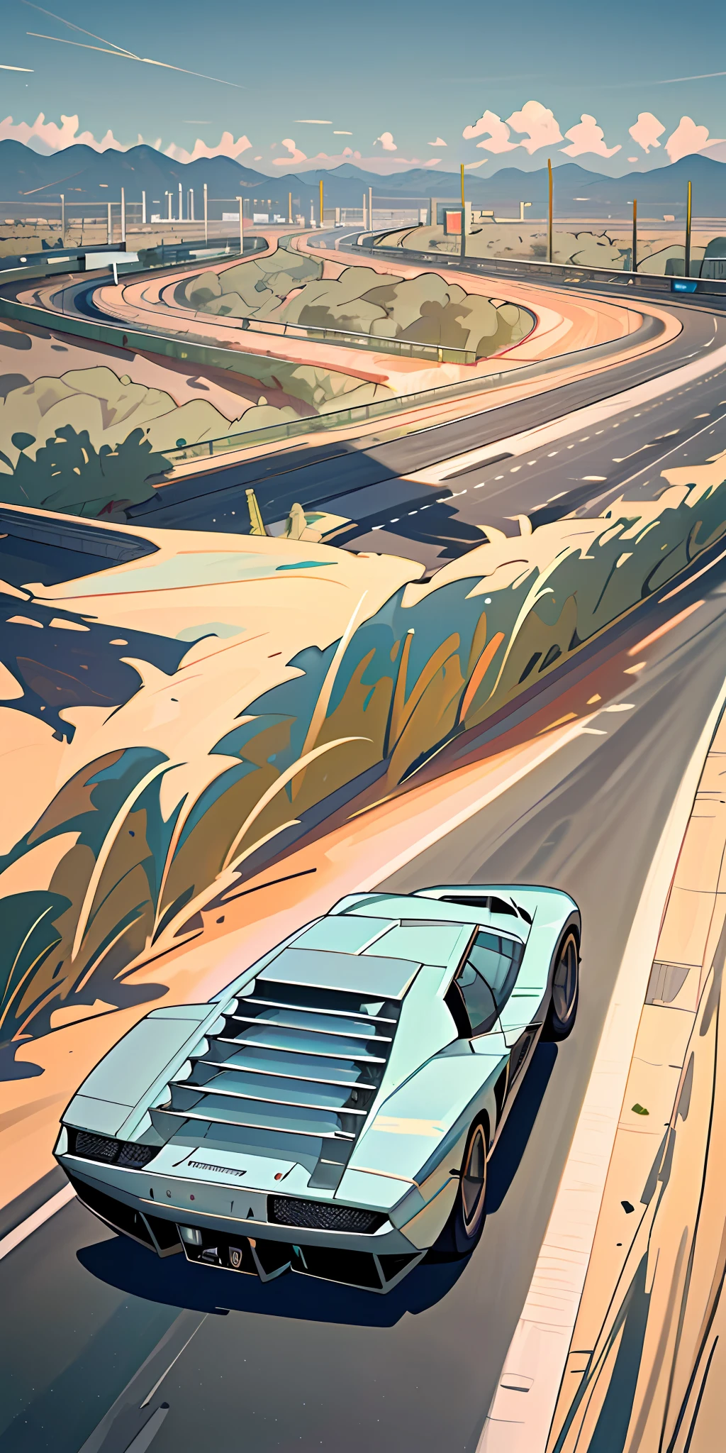 (photographic composition), best quality, ultra-detailed, 8k static image, natural landscape, Arizona, (light blue Lamborghini), highway, approaching to the left, typical Arizona mountains, yellowish and dry, high clouds, clear day.