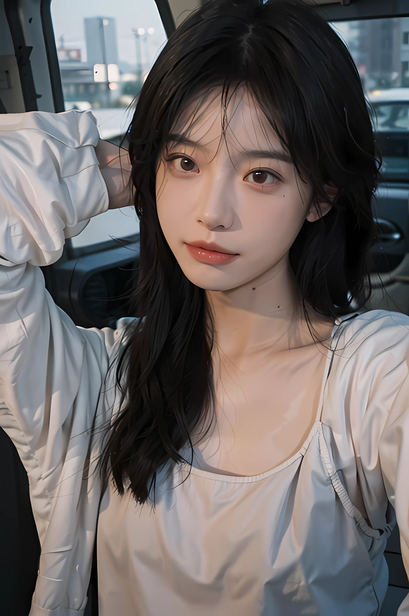 8K, Best Quality, Masterpiece, Ultra High Resolution, (Realism: 1.4), Original Photo, (Realistic Skin Texture: 1.3), (Film Grain: 1.3), (Selfie Angle), 1 Girl, Beautiful Eyes and Face Details, Masterpiece, Best Quality, Close-up, Upper Body, Looking at the Viewer