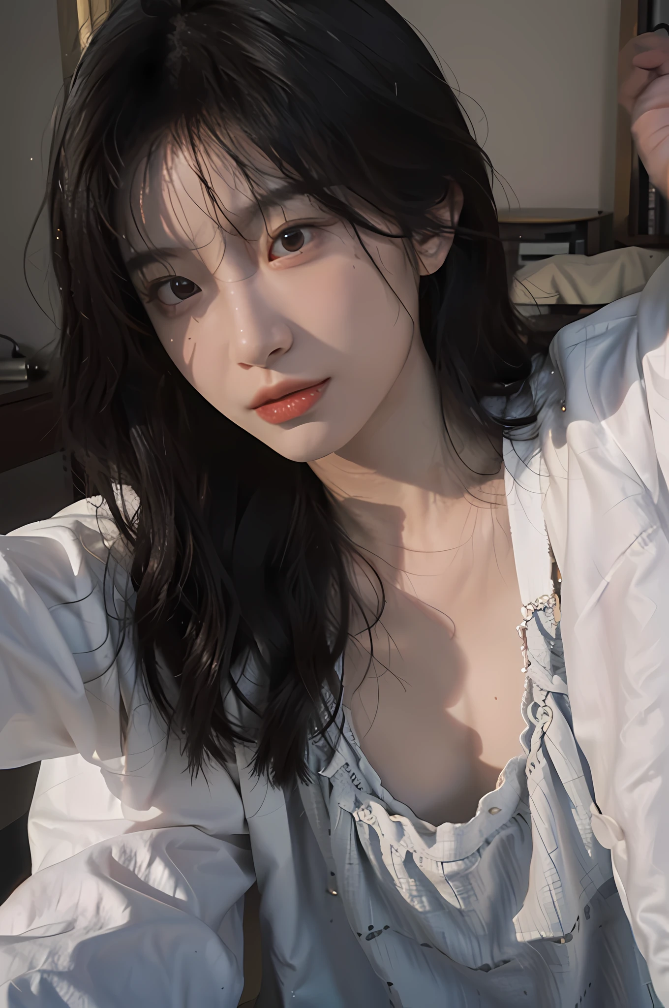 8K, Best Quality, Masterpiece, Ultra High Resolution, (Realism: 1.4), Original Photo, (Realistic Skin Texture: 1.3), (Film Grain: 1.3), (Selfie Angle), 1 Girl, Beautiful Eyes and Face Details, Masterpiece, Best Quality, Close-up, Upper Body, Looking at the Viewer
