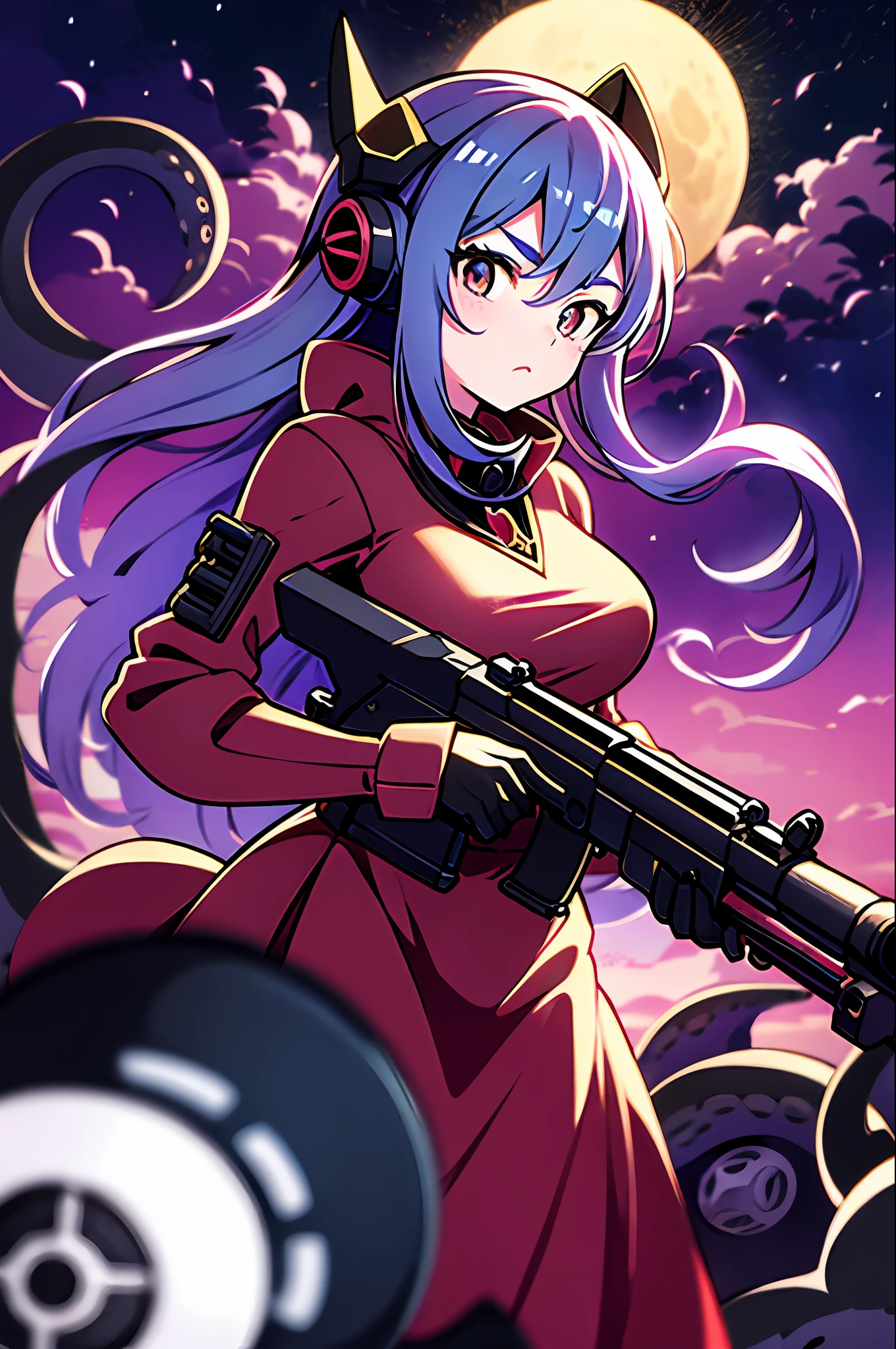 Anime girl-scylla, octopus, purple tentacles of hair, red big eyes, red dress, wraps around weapons: minigun, hook, ship cannon, telescope, sword, sawn-off shotgun, revolver, rocket launcher, radiator, bomb, crossbow, red bow, hidden facial expression, cute, beautiful, saturated colors, beautiful colors, beautiful shader, 4k, neutral purple background
