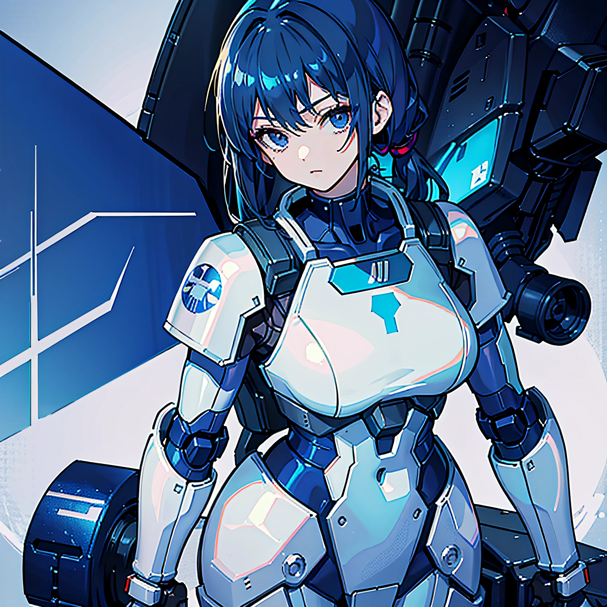 Dark Blue Hair, Masterpiece, Best Quality, One Girl, Medium, ((Album Cover)), Light on Face, Slim Body, White and Blue Costume, Exoskeleton, Metal Gear, Cyberpunk Style, Ponytail, Gundam