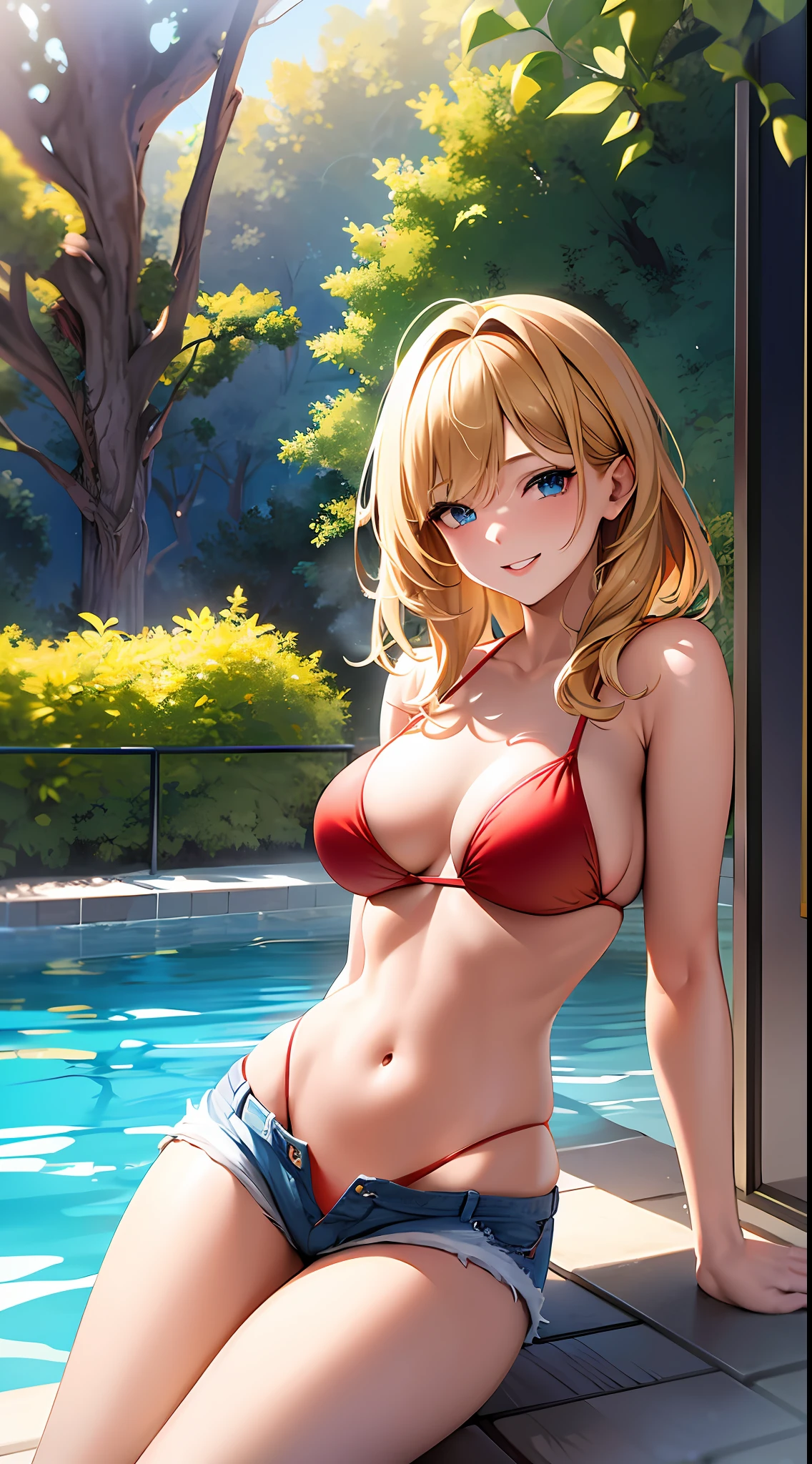 1girl, masterpiece, best quality, medium full shot, blonde medium hair, (red bikini, jean shorts, busty, sexy body, erotic pose, pov), smiling, pool
