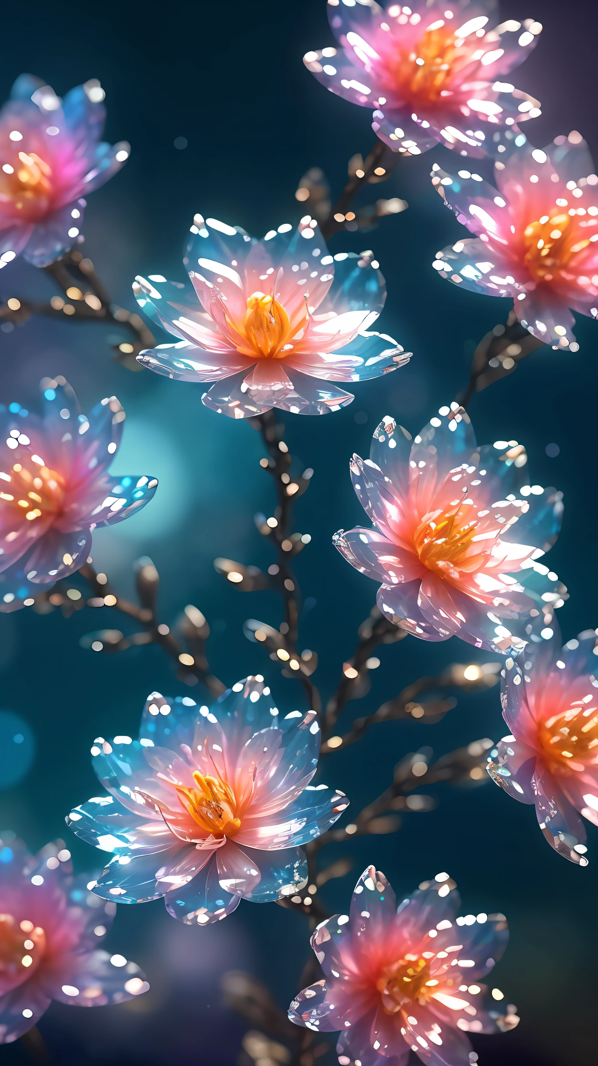 crystal spring blossom,
fantasy, galaxy, transparent, 
shimmering, sparkling, splendid, colorful, 
magical photography, dramatic lighting, photo realism, ultra-detailed, 4k, Depth of field, High-resolution