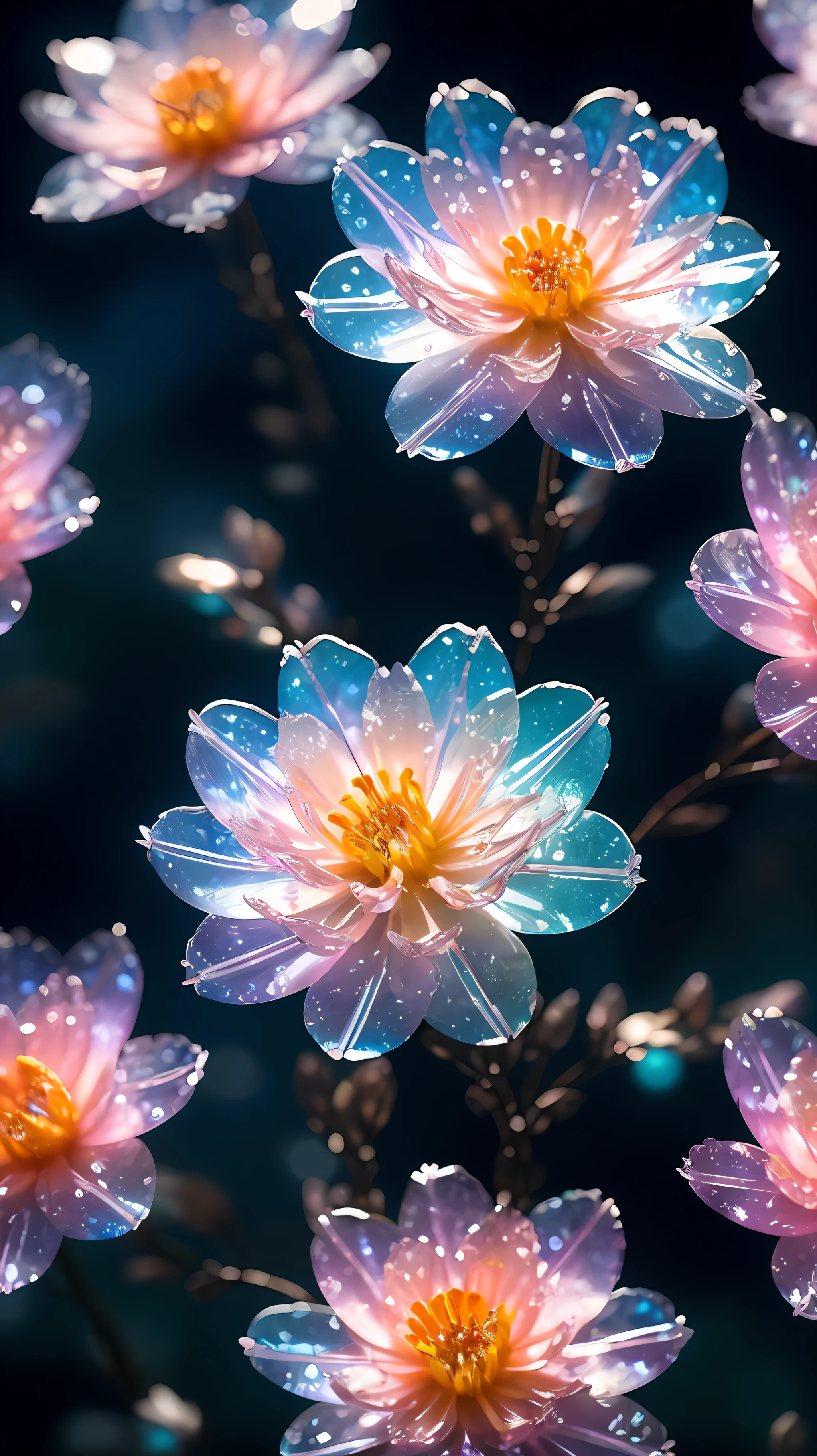 crystal spring blossom,
fantasy, galaxy, transparent, 
shimmering, sparkling, splendid, colorful, 
magical photography, dramatic lighting, photo realism, ultra-detailed, 4k, Depth of field, High-resolution